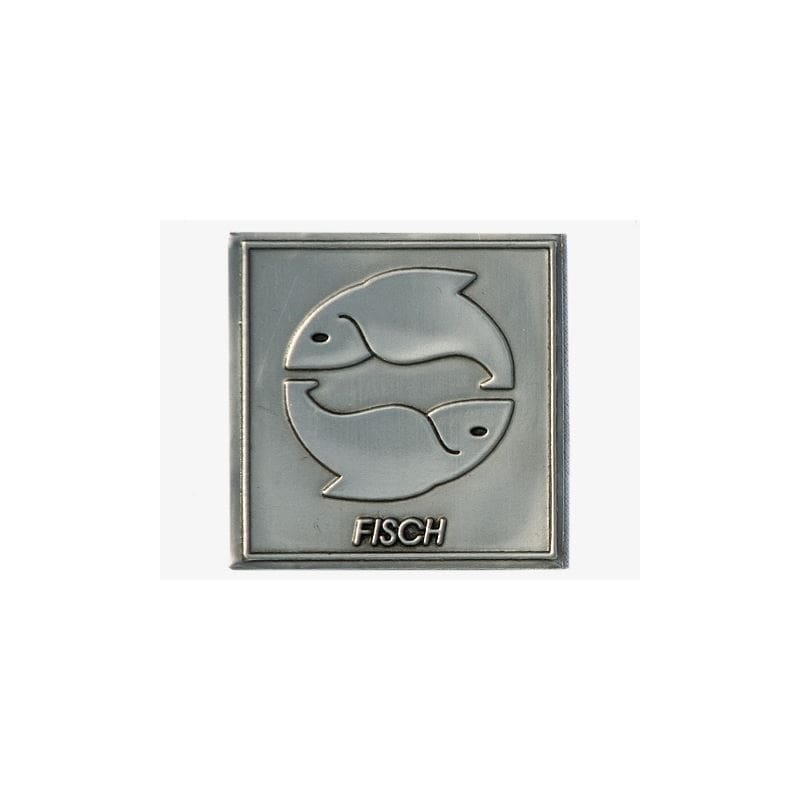 Etichetta in stagno 'Pesce', quadrata, metallo, argento