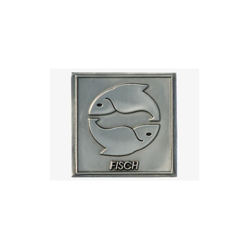 Etichetta in stagno 'Pesce', quadrata, metallo, argento