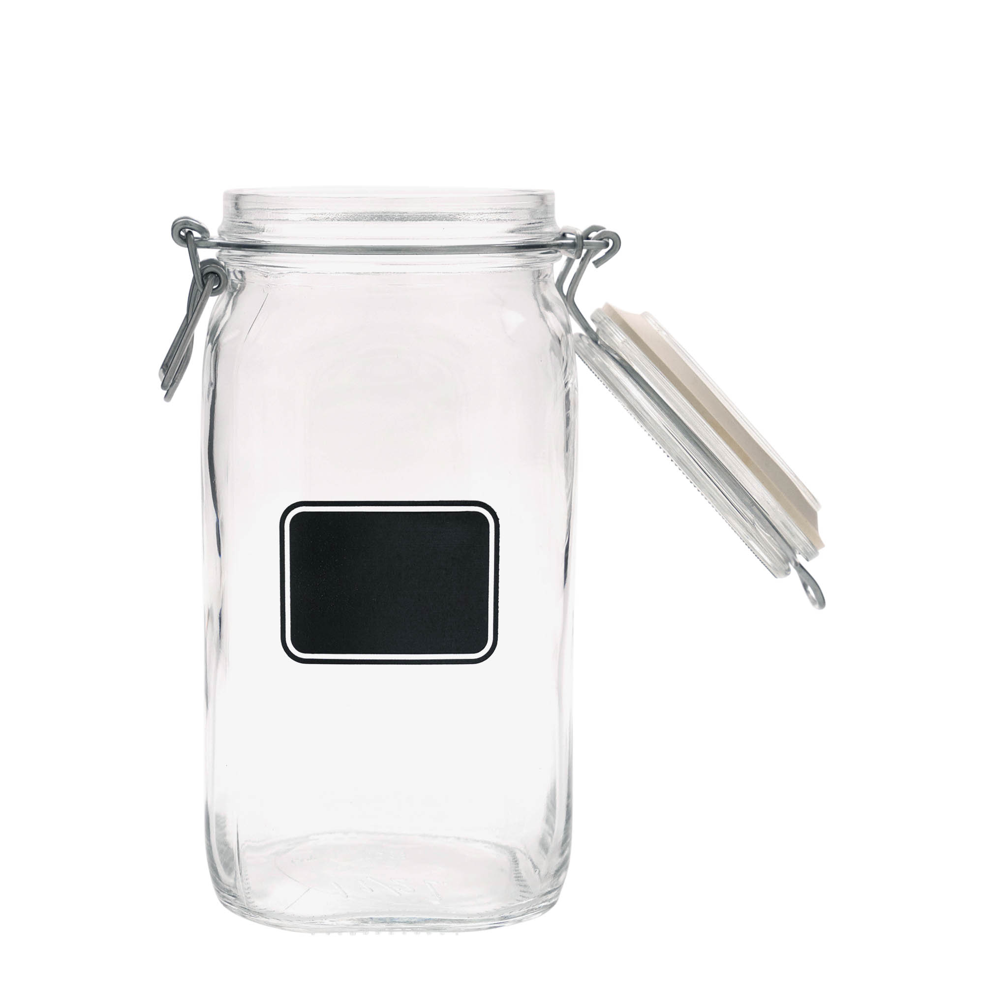 Barattolo con chiusura a molla da 1.500 ml 'Fido', motivo: campo per etichetta, quadrato, bocca: chiusura a molla Barattolo con chiusura a molla da 1.500 ml 'Fido', motivo: campo per etichetta, quadrato, bocca: chiusura a molla