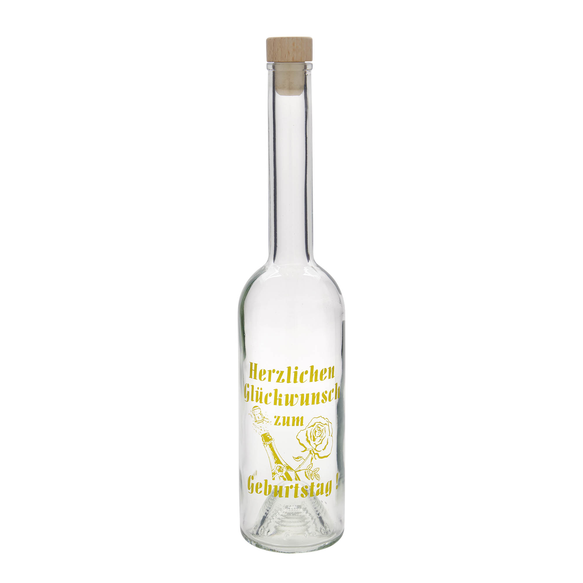 Bottiglia di vetro da 500 ml 'Opera', motivo: bottiglia di compleanno, bocca: tappo di sughero Bottiglia di vetro da 500 ml 'Opera', motivo: bottiglia di compleanno, bocca: tappo di sughero