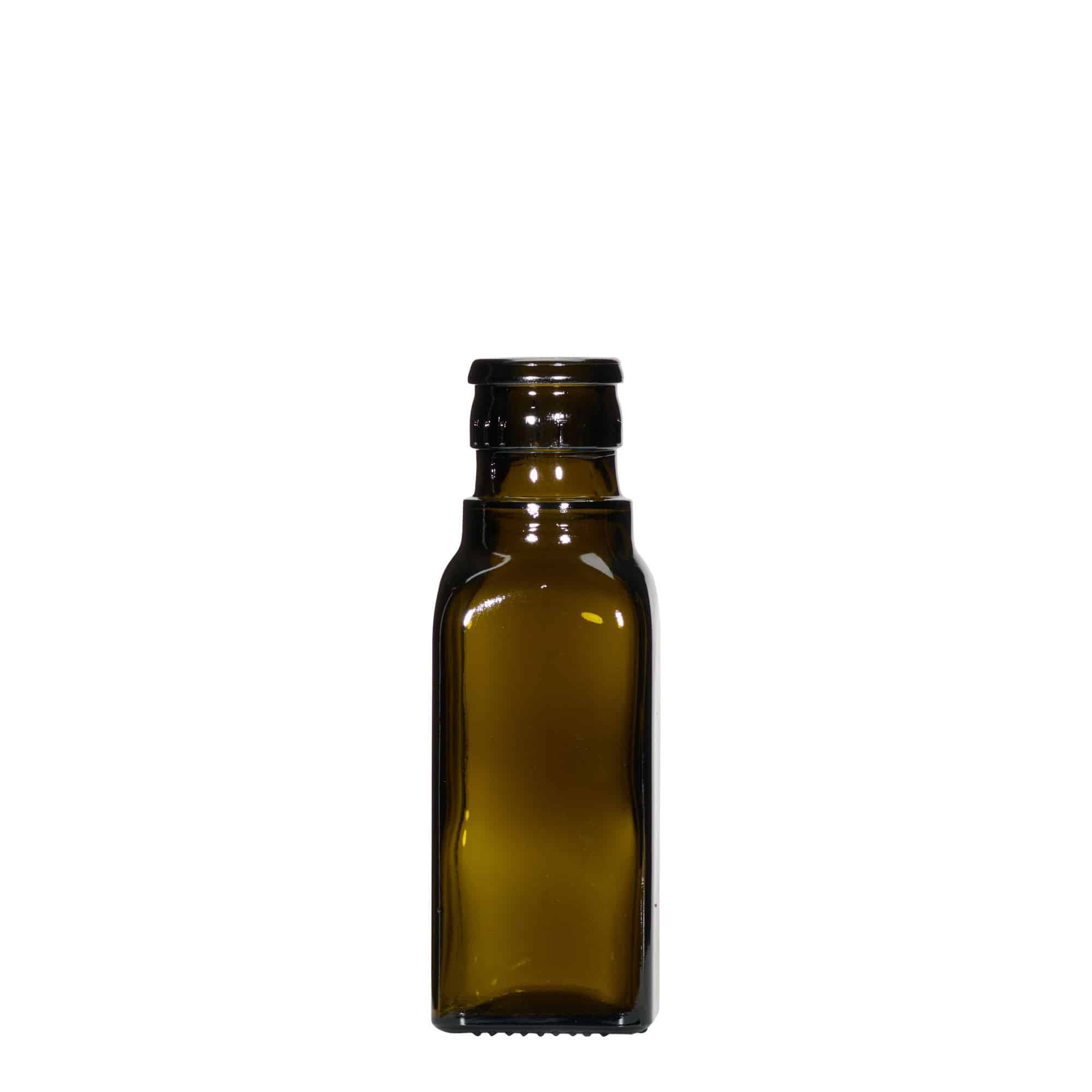 Bottiglia per aceto/olio da 100 ml 'Quadra', vetro, quadrata, verde antico, bocca: DOP