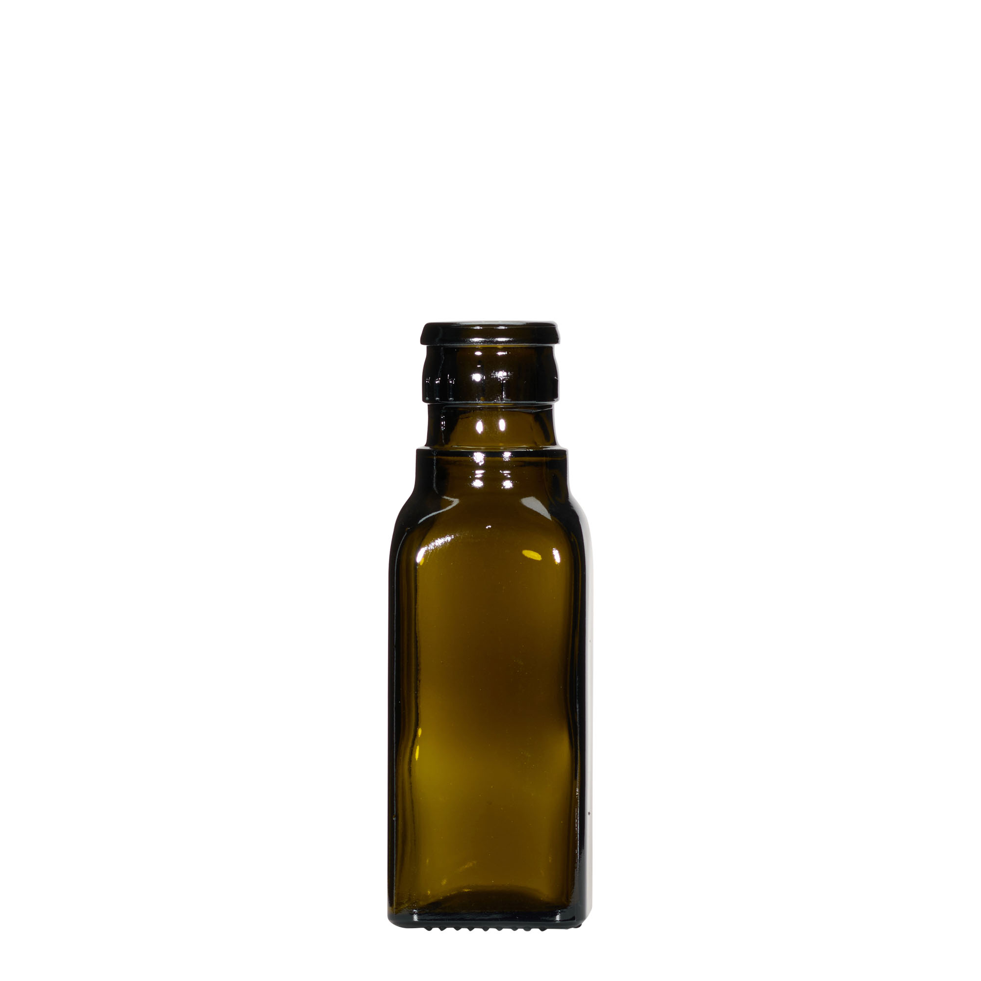Bottiglia per aceto/olio da 100 ml 'Quadra', vetro, quadrata, verde antico, bocca: DOP Bottiglia per aceto/olio da 100 ml 'Quadra', vetro, quadrata, verde antico, bocca: DOP