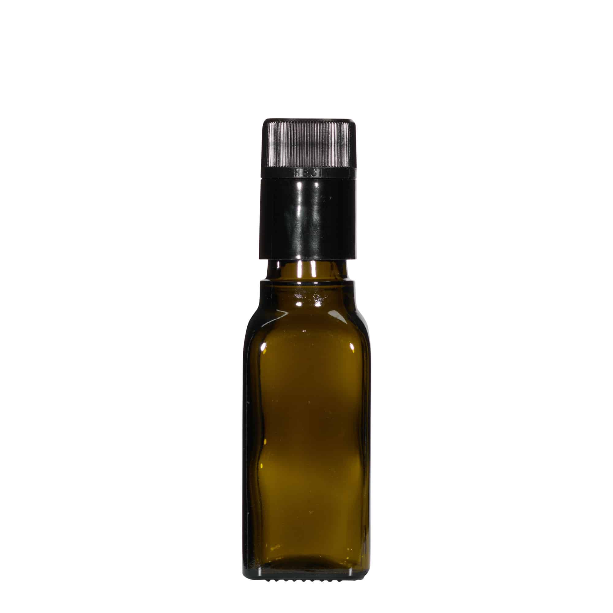 Bottiglia per aceto/olio da 100 ml 'Quadra', vetro, quadrata, verde antico, bocca: DOP
