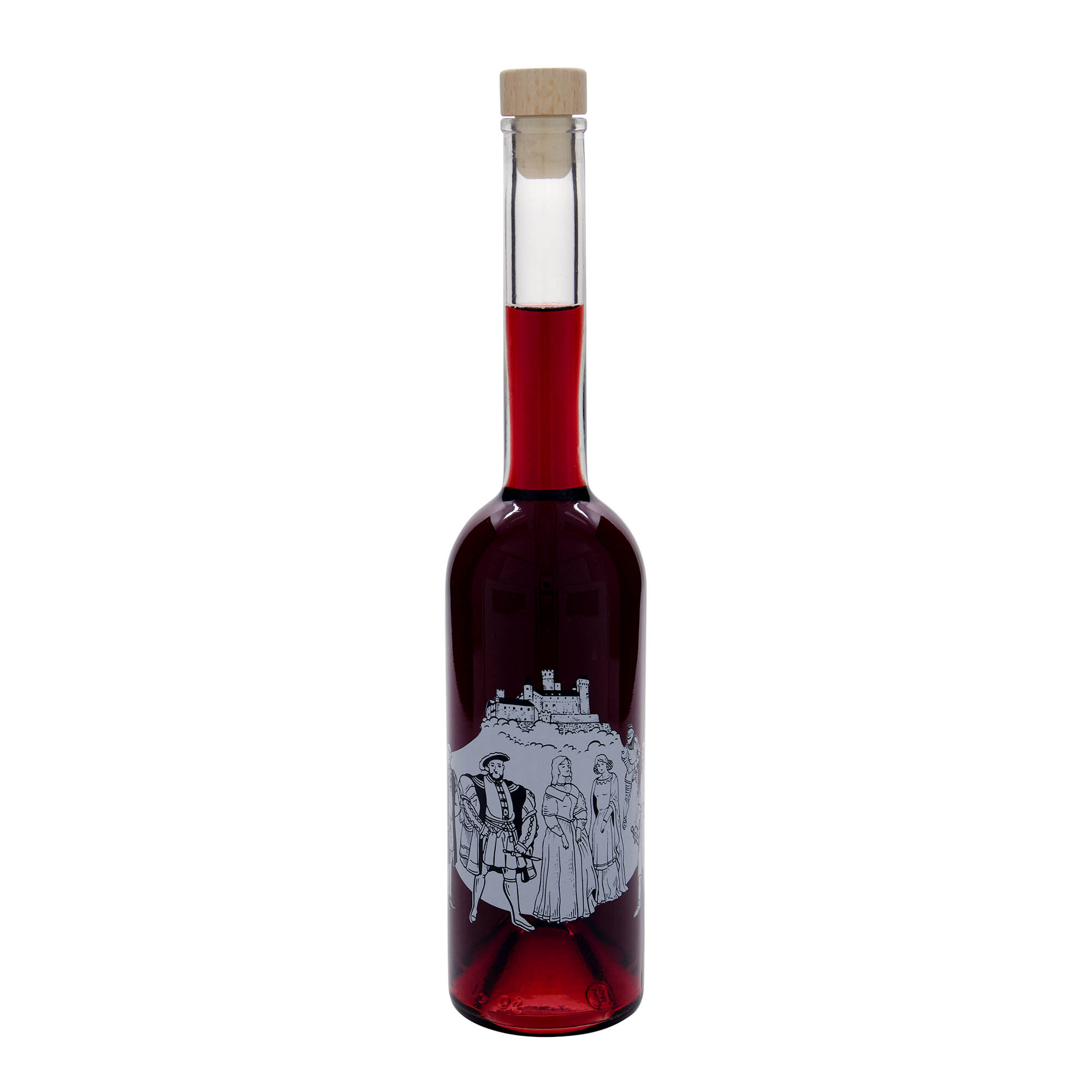 Bottiglia di vetro da 500 ml 'Opera', motivo: Medioevo, bocca: tappo di sughero Bottiglia di vetro da 500 ml 'Opera', motivo: Medioevo, bocca: tappo di sughero