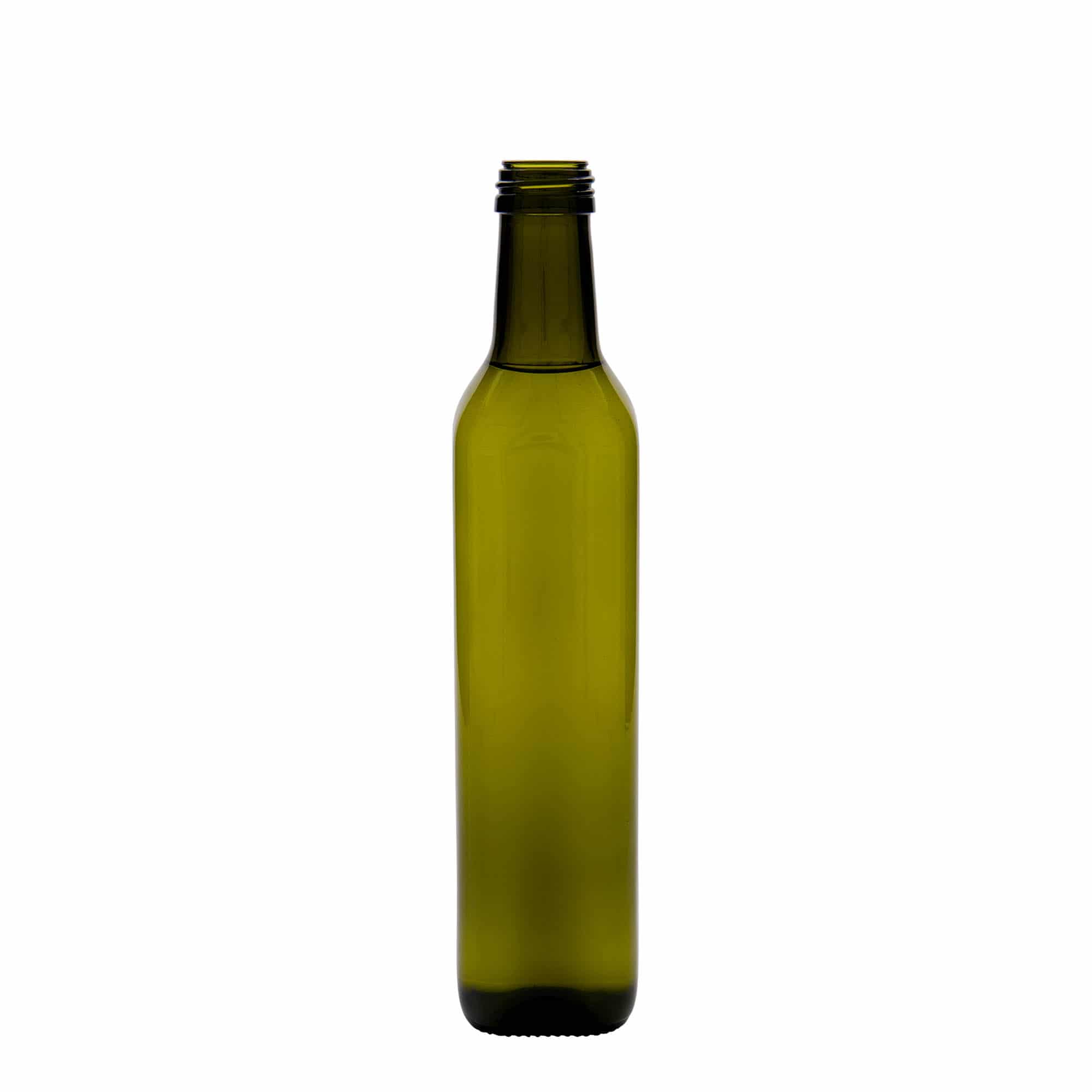 Bottiglia di vetro da 500 ml 'Marasca', quadrata, verde antico, bocca: PP 31,5