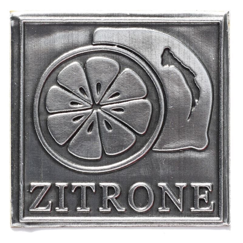 Etichetta metallica 'Limone', quadrata, stagno, argento