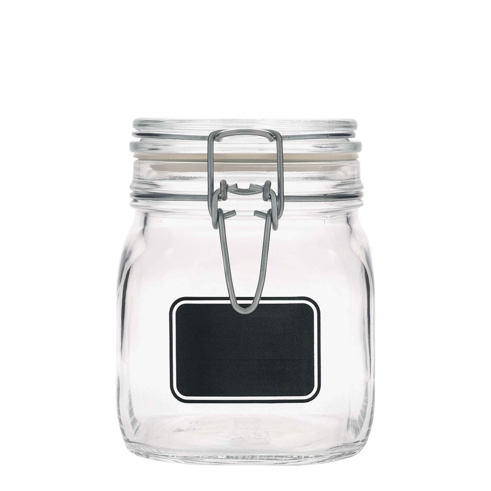 Vaso con chiusura a molla da 750 ml 'Fido', motivo: campo etichetta, quadrato, apertura: chiusura a molla