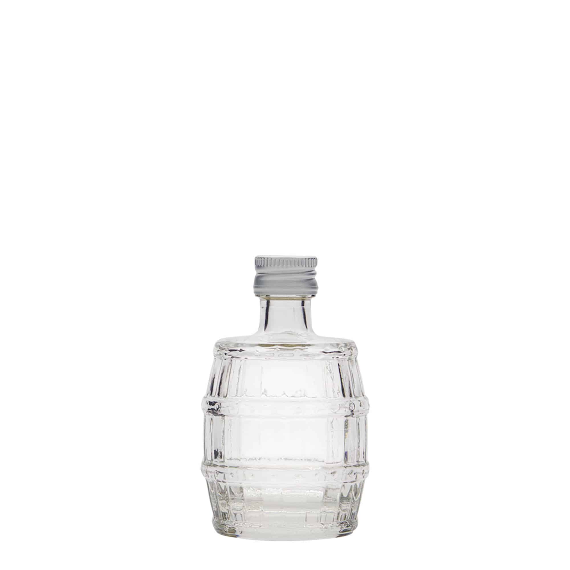 Bottiglia di vetro da 50 ml 'Barile', bocca: PP 18 Bottiglia di vetro da 50 ml 'Barile', bocca: PP 18