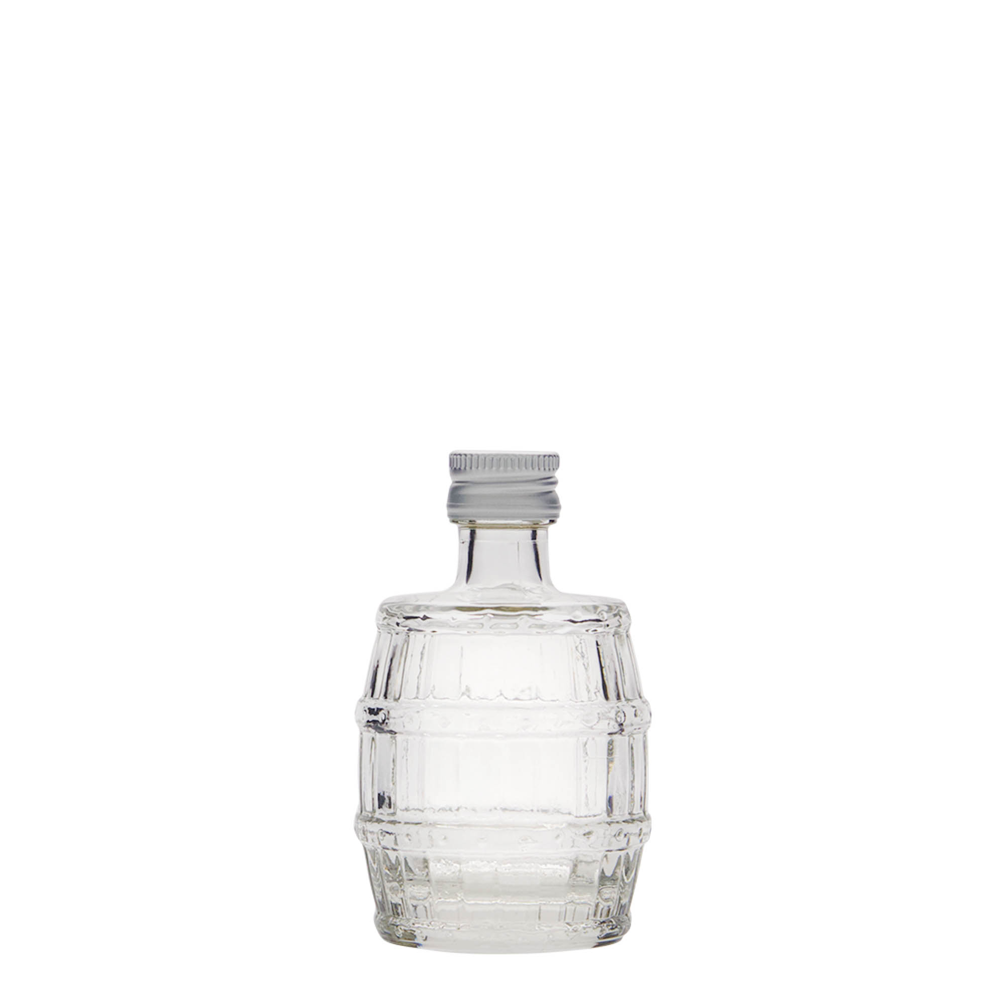 Bottiglia di vetro da 50 ml 'Barile', bocca: PP 18 Bottiglia di vetro da 50 ml 'Barile', bocca: PP 18