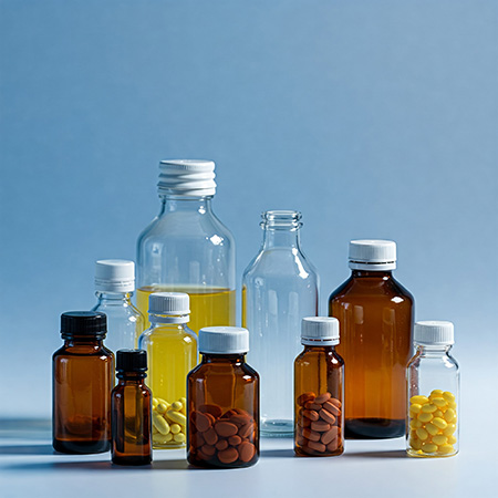 flaconi farmaceutici Immagine d'atmosfera: bottiglie marroni e trasparenti piene di prodotti farmaceutici