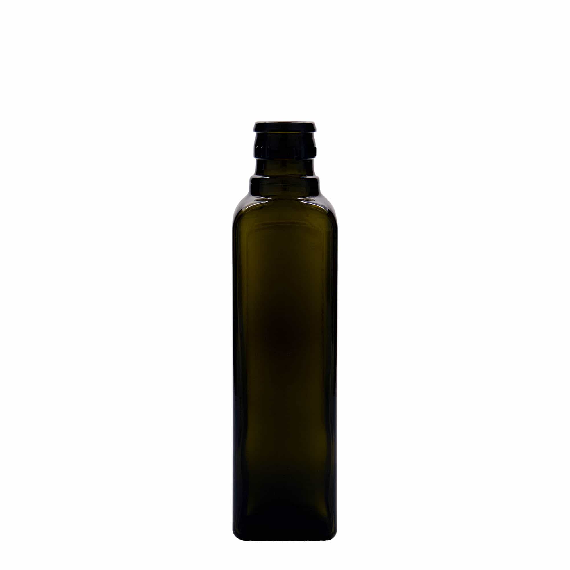 Bottiglia per aceto/olio da 250 ml 'Quadra', vetro, quadrata, verde antico, bocca: DOP