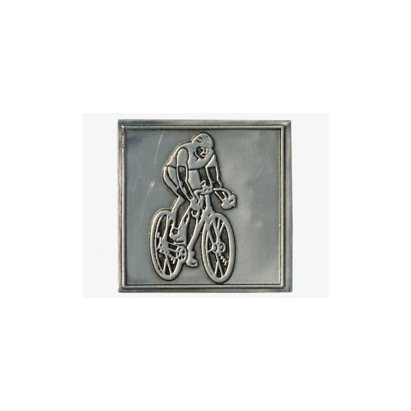 Etichetta metallica 'Ciclista', quadrata, stagno, argento