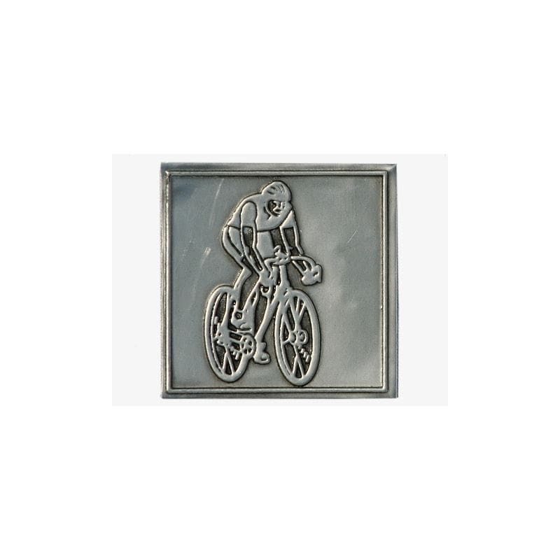 Etichetta in stagno 'Ciclista', quadrata, metallo, argento