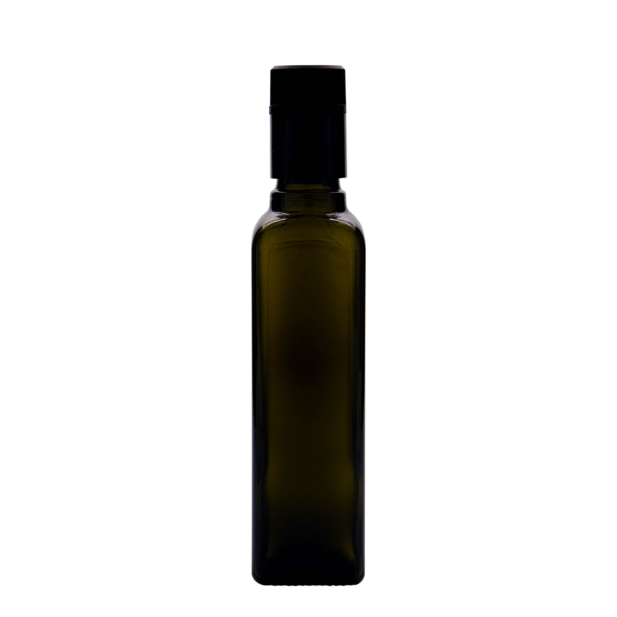 Bottiglia per aceto/olio da 250 ml 'Quadra', vetro, quadrata, verde antico, bocca: DOP