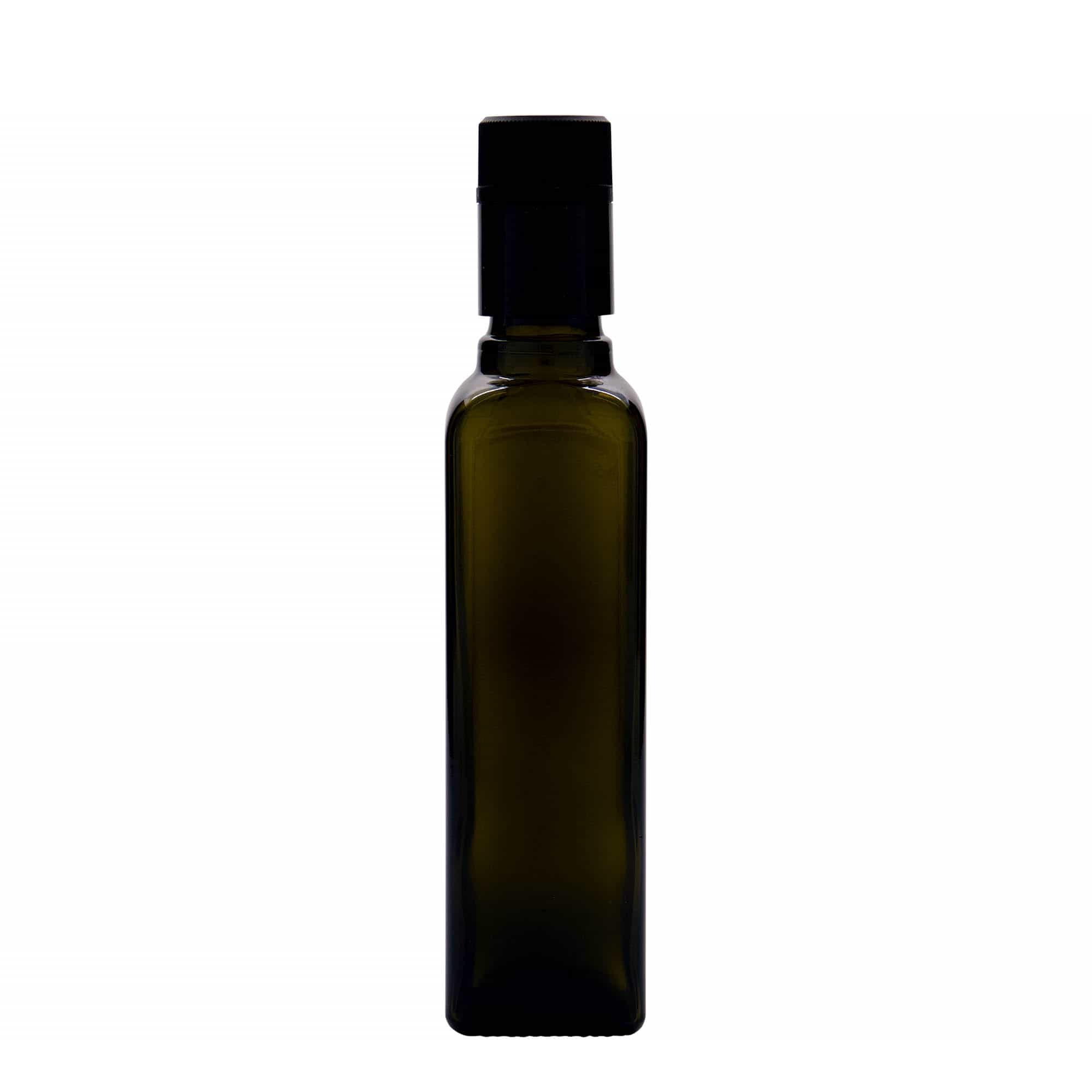 Bottiglia per aceto/olio da 250 ml 'Quadra', vetro, quadrata, verde antico, bocca: DOP