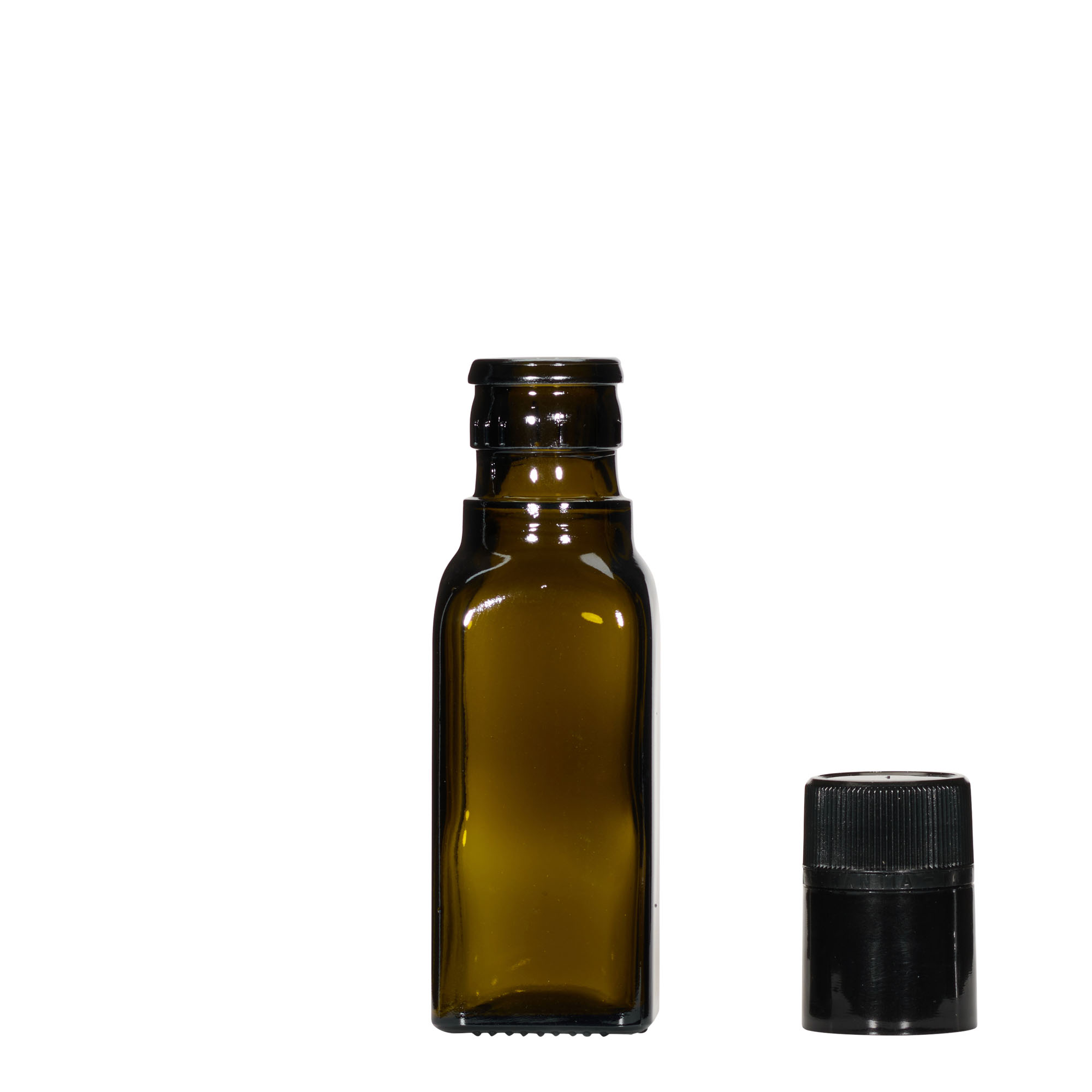 Bottiglia per aceto/olio da 100 ml 'Quadra', vetro, quadrata, verde antico, bocca: DOP