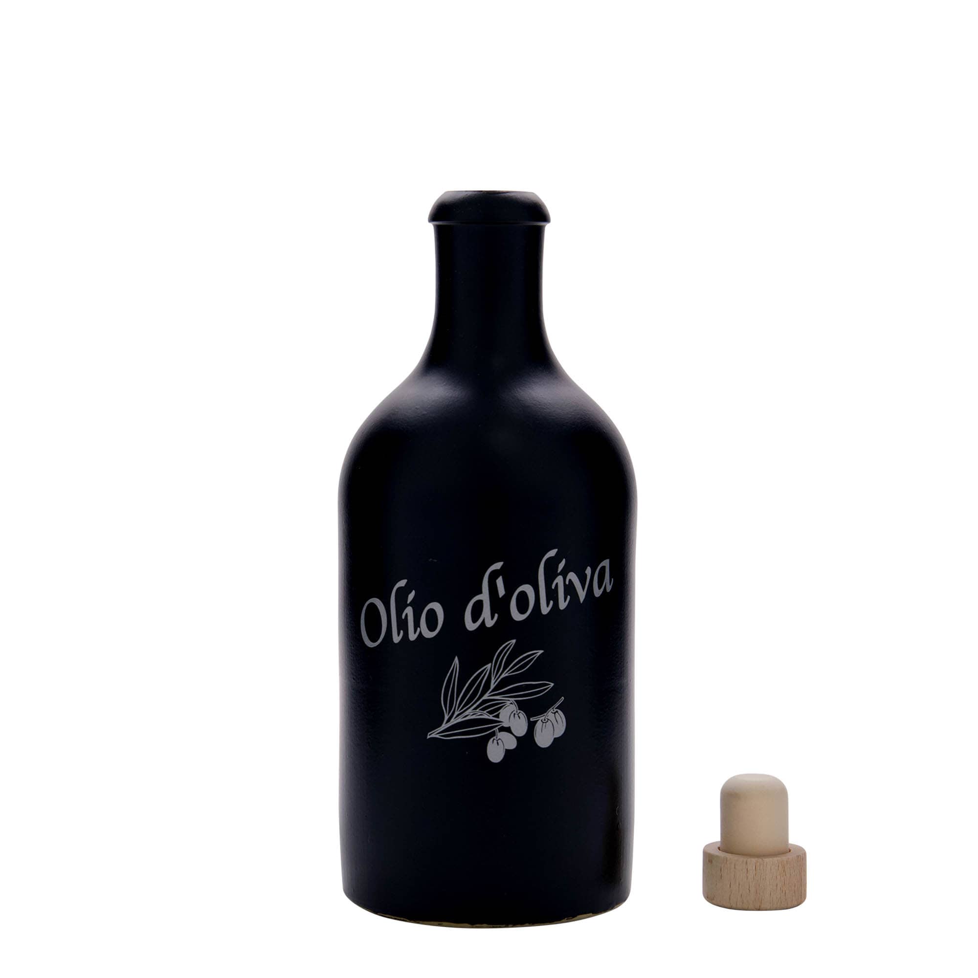 Boccale da 500 ml, motivo: Olio d'Oliva, gres, nero, bocca: sughero