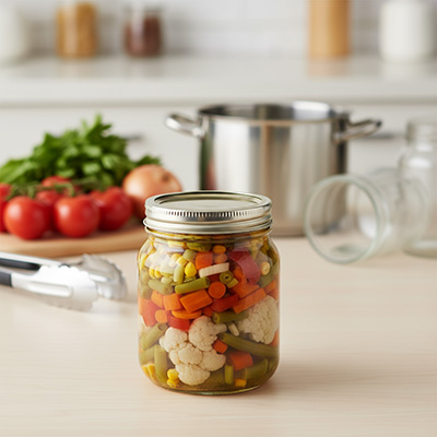 La persona tiene un barattolo di verdure sottaceto nella mano sinistra e ne indica il contenuto con l'indice destro