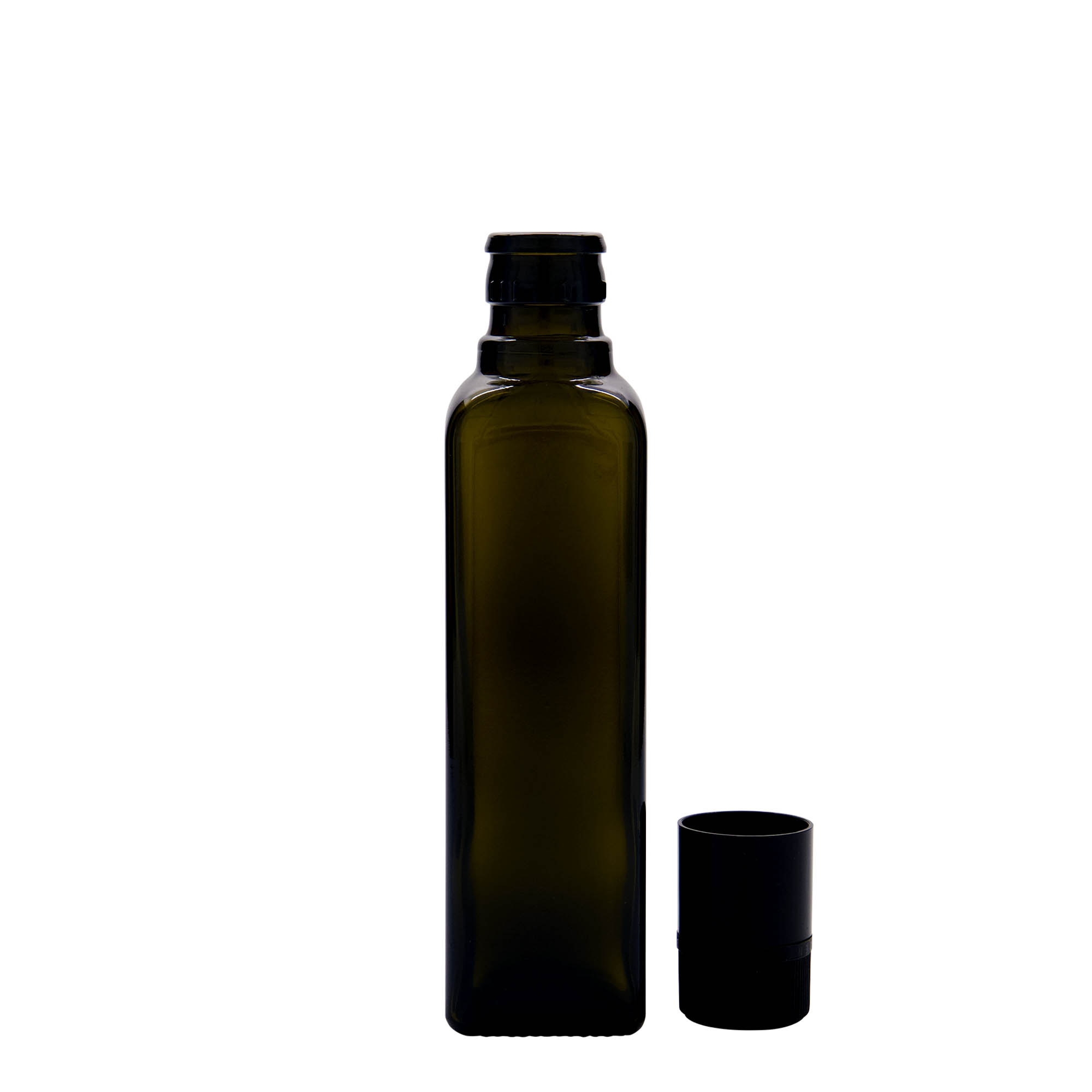 Bottiglia per aceto/olio da 250 ml 'Quadra', vetro, quadrata, verde antico, bocca: DOP