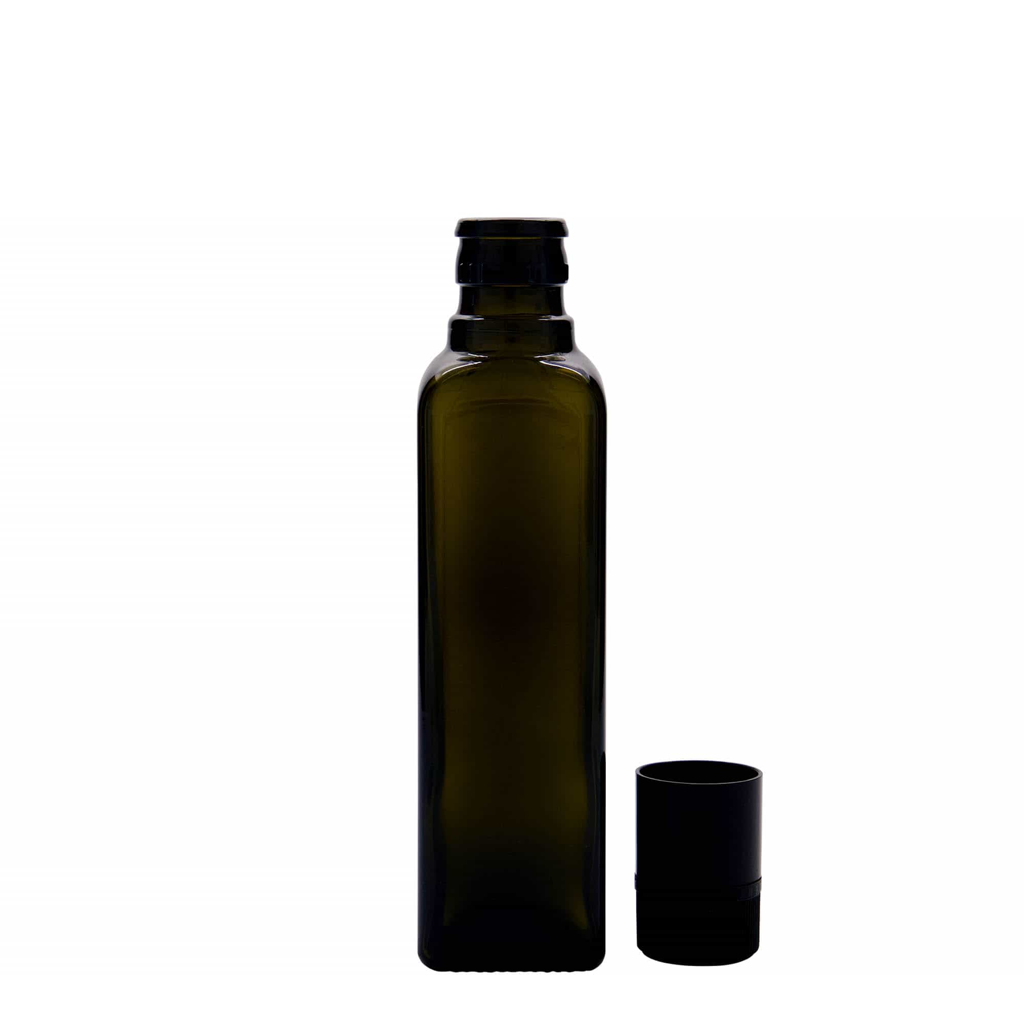 Bottiglia per aceto/olio da 250 ml 'Quadra', vetro, quadrata, verde antico, bocca: DOP
