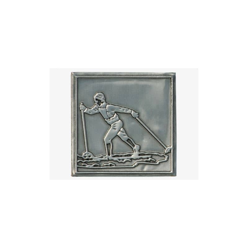 Etichetta in stagno 'Sciatore di fondo', quadrata, metallo, argento