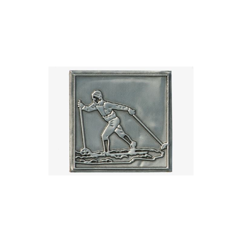 Etichetta in stagno 'Sciatore di fondo', quadrata, metallo, argento Etichetta in stagno 'Sciatore di fondo', quadrata, metallo, argento