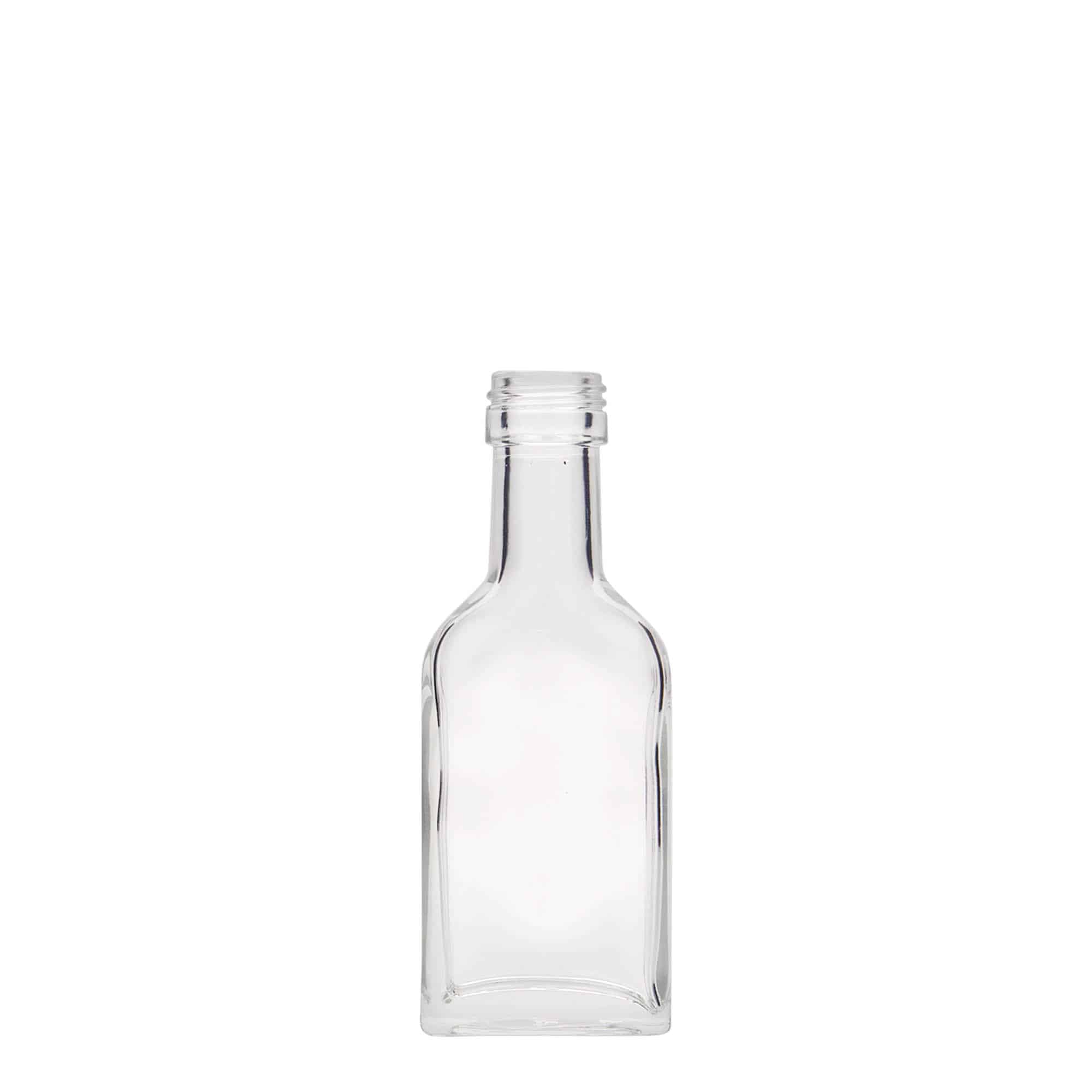 Bottiglia tascabile da 40 ml, collo lungo, rettangolare, vetro, bocca: PP 22