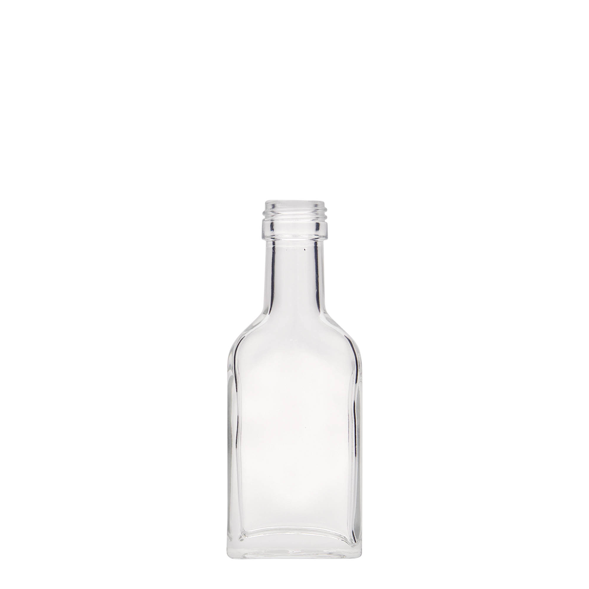 Bottiglia tascabile da 40 ml, collo lungo, rettangolare, vetro, bocca: PP 22 Bottiglia tascabile da 40 ml, collo lungo, rettangolare, vetro, bocca: PP 22