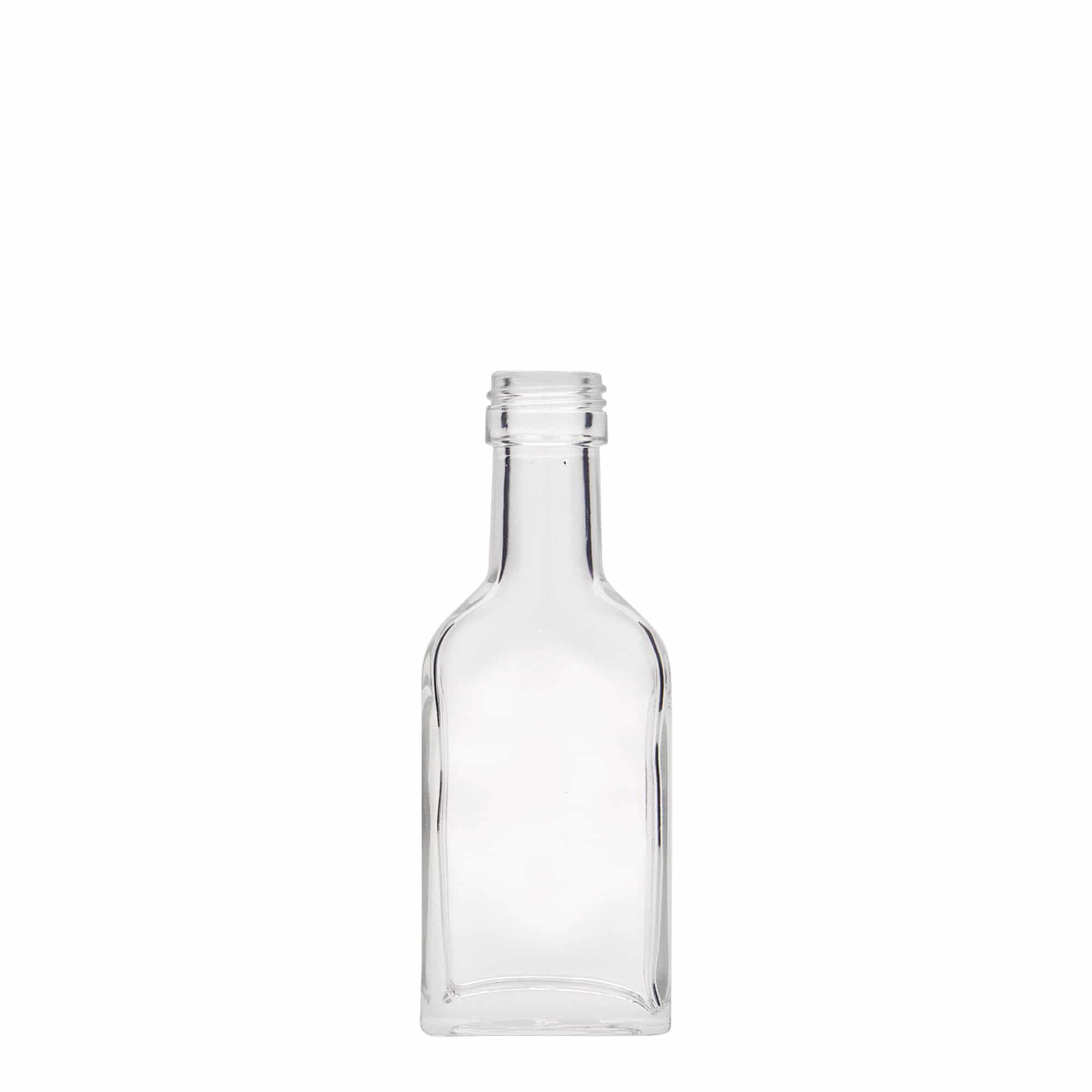 Bottiglia tascabile da 40 ml, collo lungo, rettangolare, vetro, bocca: PP 22