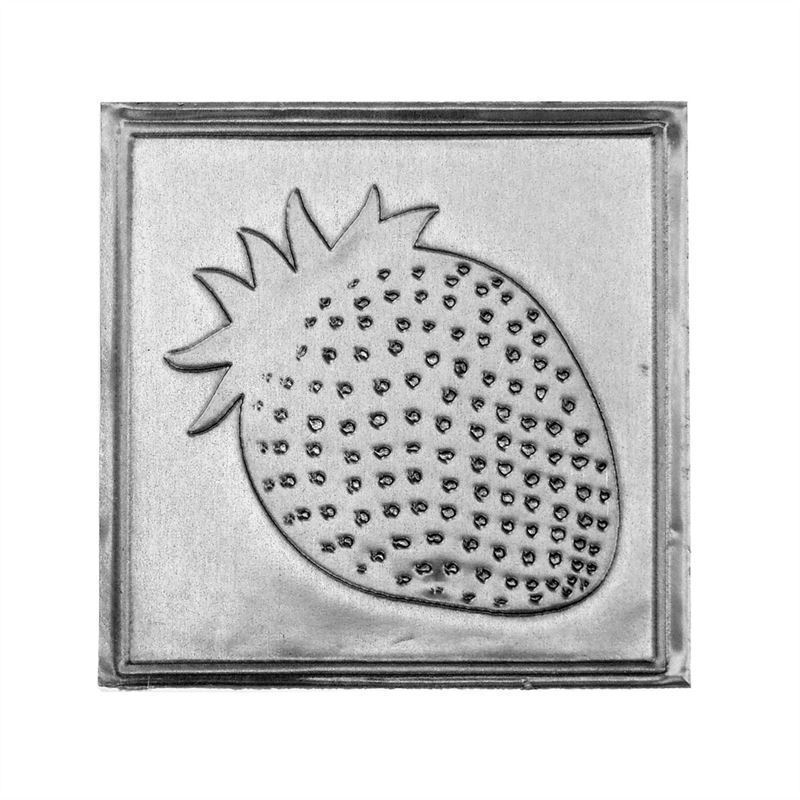 Etichetta metallica 'Fragole', quadrata, stagno, argento