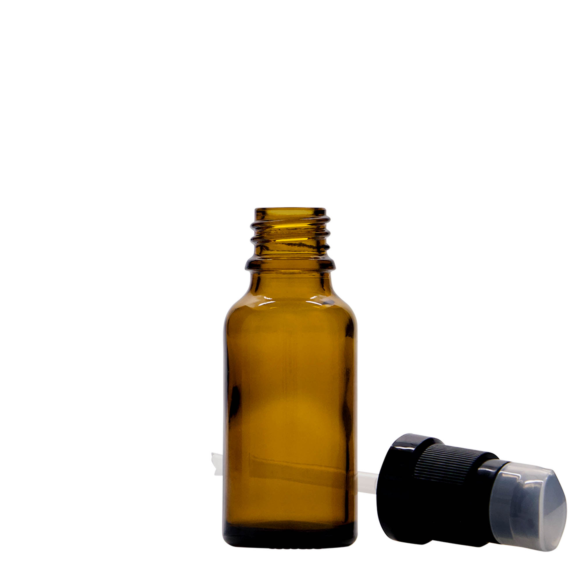 Flacone medico da 20 ml con pompa per lozione, vetro, marrone, bocca: DIN 18