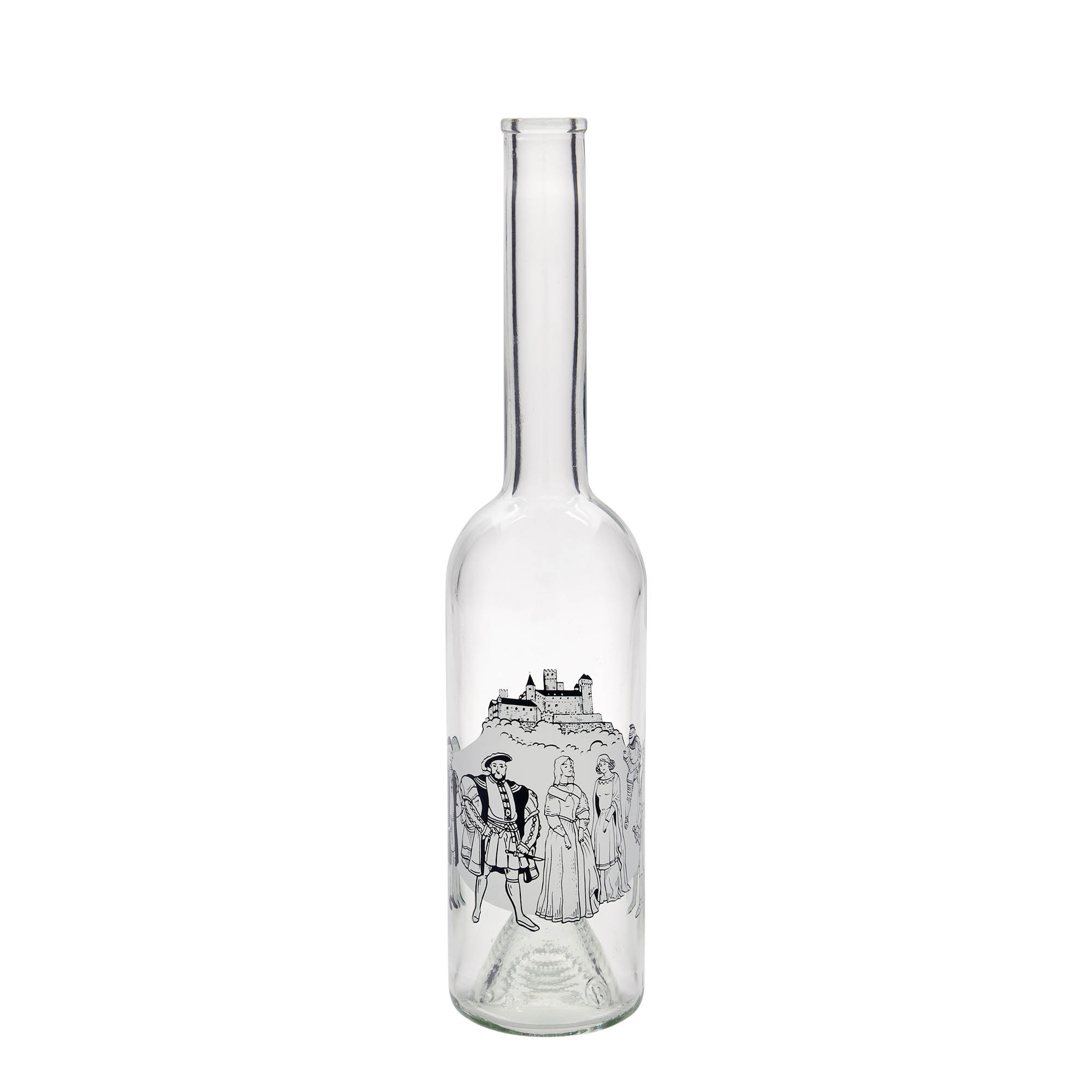 Bottiglia di vetro da 500 ml 'Opera', motivo: Medioevo, bocca: tappo di sughero Bottiglia di vetro da 500 ml 'Opera', motivo: Medioevo, bocca: tappo di sughero