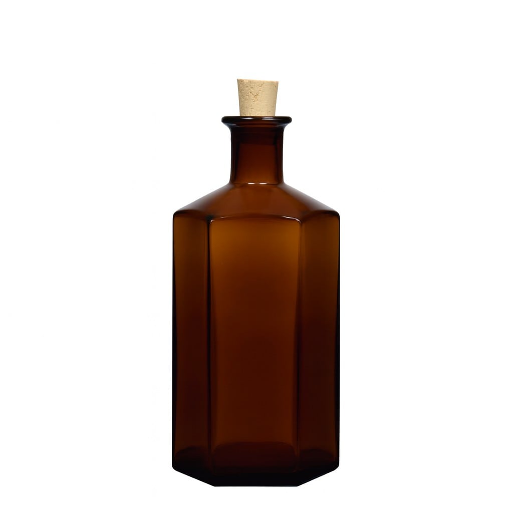 Bottiglia di vetro da 500 ml Apotecario 'Jimmy', esagonale, marrone, bocca: sughero