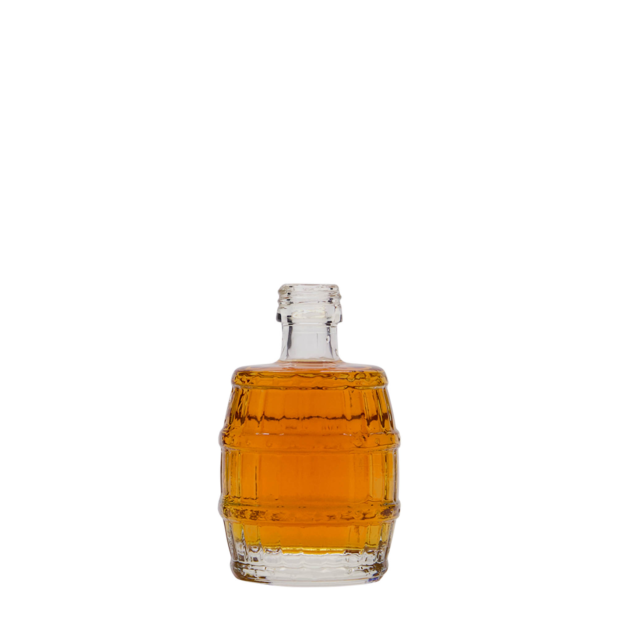 Bottiglia di vetro da 50 ml 'Barile', bocca: PP 18 Bottiglia di vetro da 50 ml 'Barile', bocca: PP 18