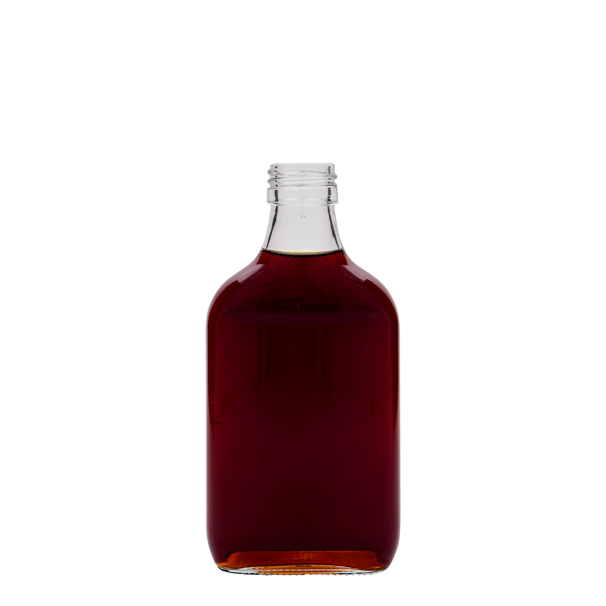 Bottiglia tascabile 200 ml, rettangolare, vetro, bocca: PP 28 Bottiglia tascabile 200 ml, rettangolare, vetro, bocca: PP 28