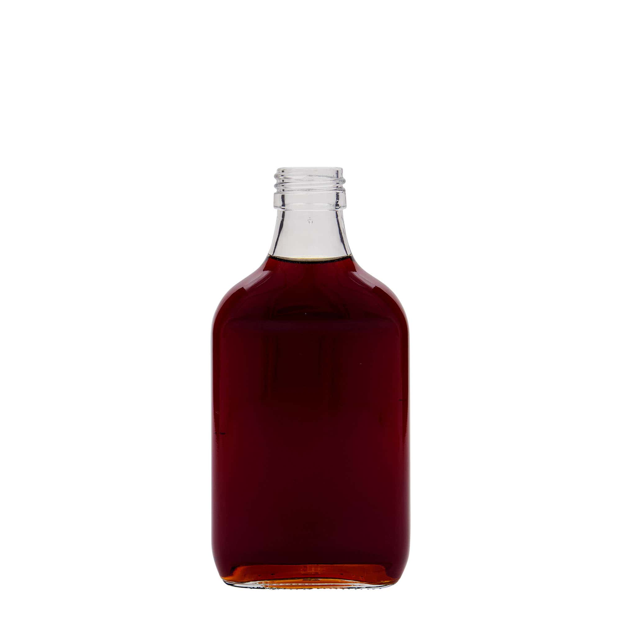 Bottiglia tascabile 200 ml, rettangolare, vetro, bocca: PP 28 Bottiglia tascabile 200 ml, rettangolare, vetro, bocca: PP 28