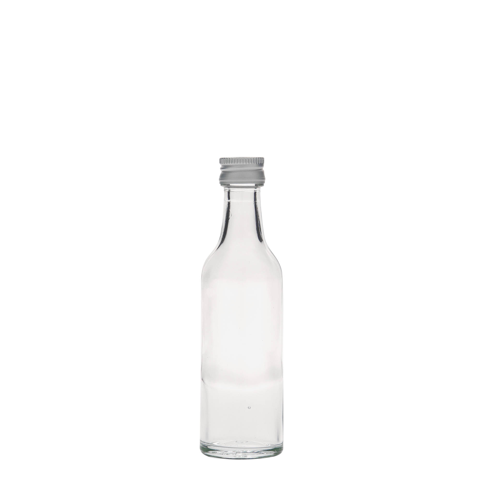 Bottiglia di vetro da 50 ml con collo dritto, bocca: PP 18 Bottiglia di vetro da 50 ml con collo dritto, bocca: PP 18