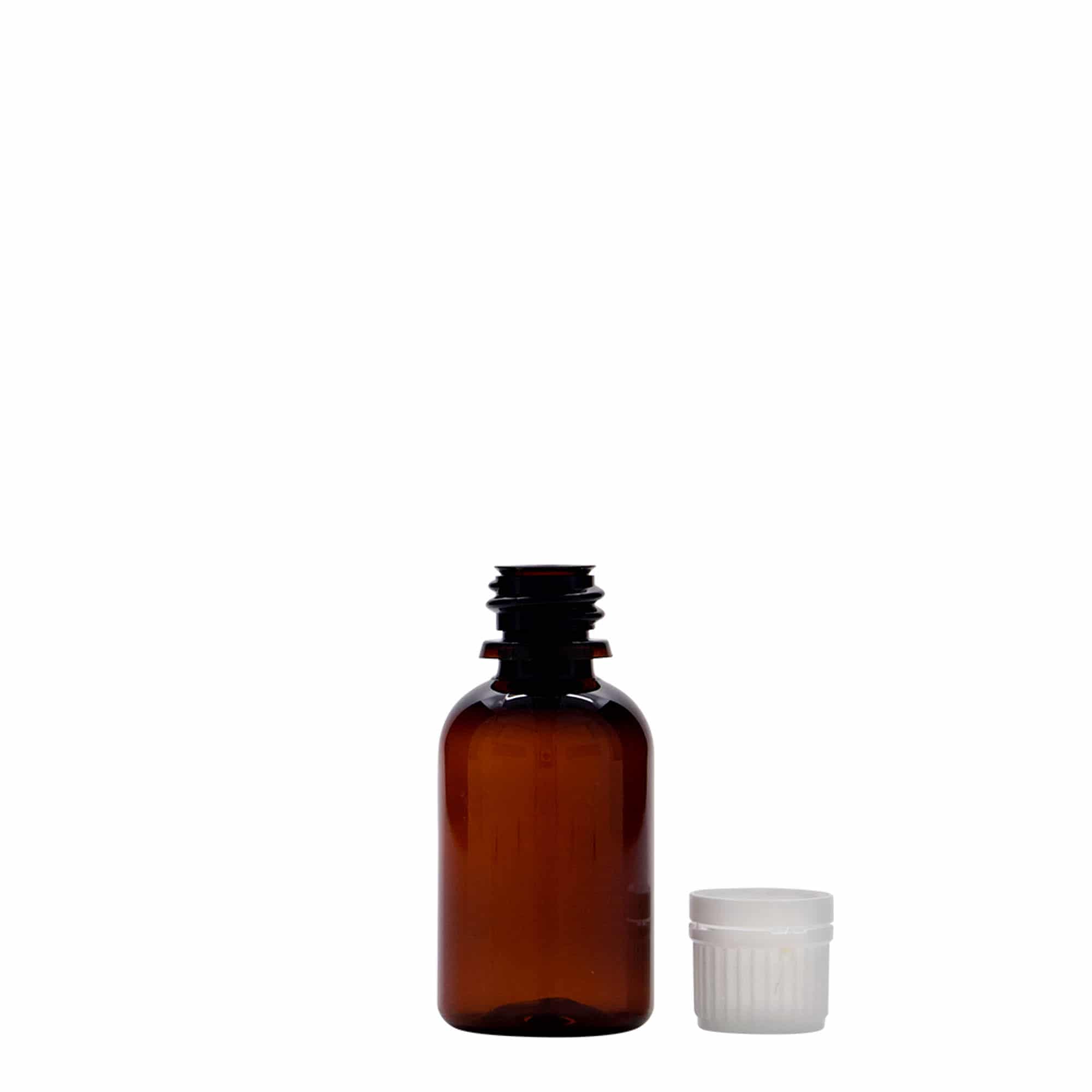 30 ml flacone medico in PET 'Easy Living', marrone, plastica, bocca: DIN 18
