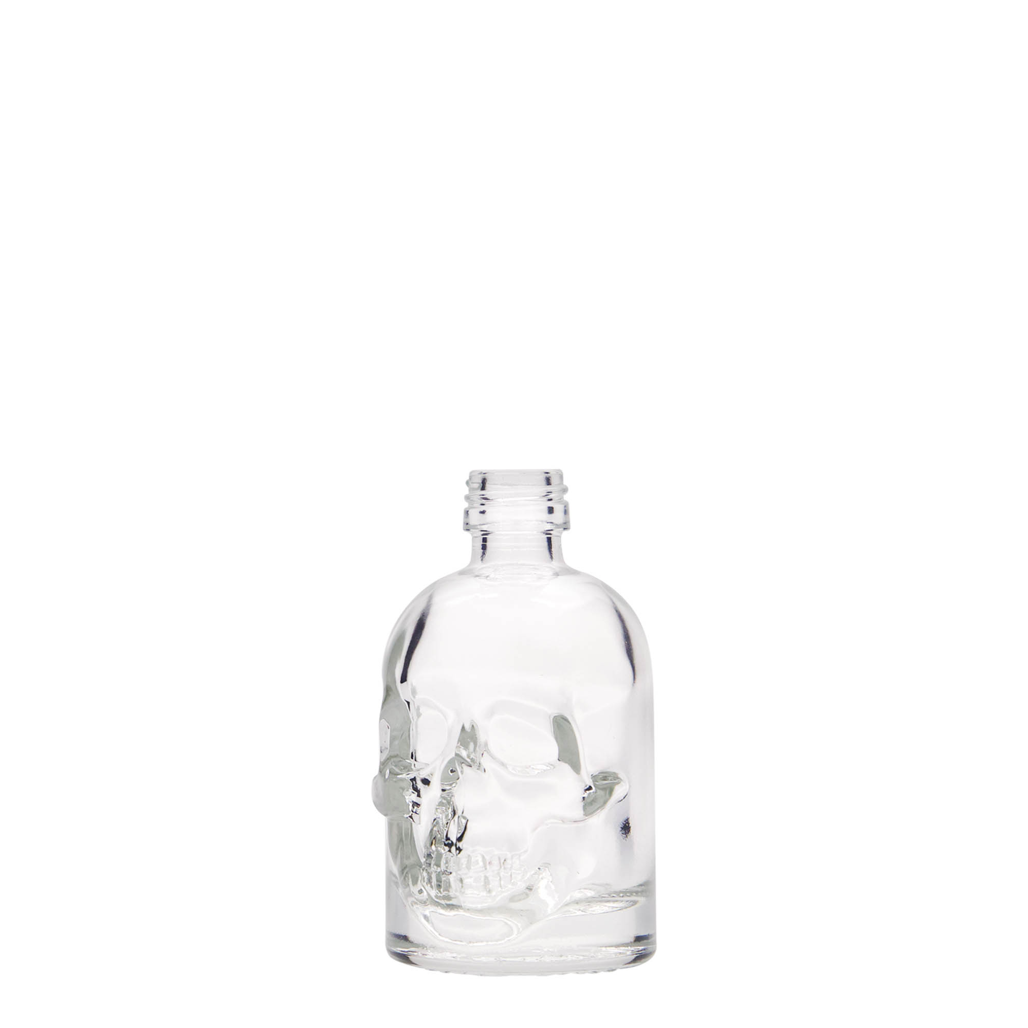 Bottiglia di vetro da 50 ml 'Teschio', bocca: PP 18 Bottiglia di vetro da 50 ml 'Teschio', bocca: PP 18