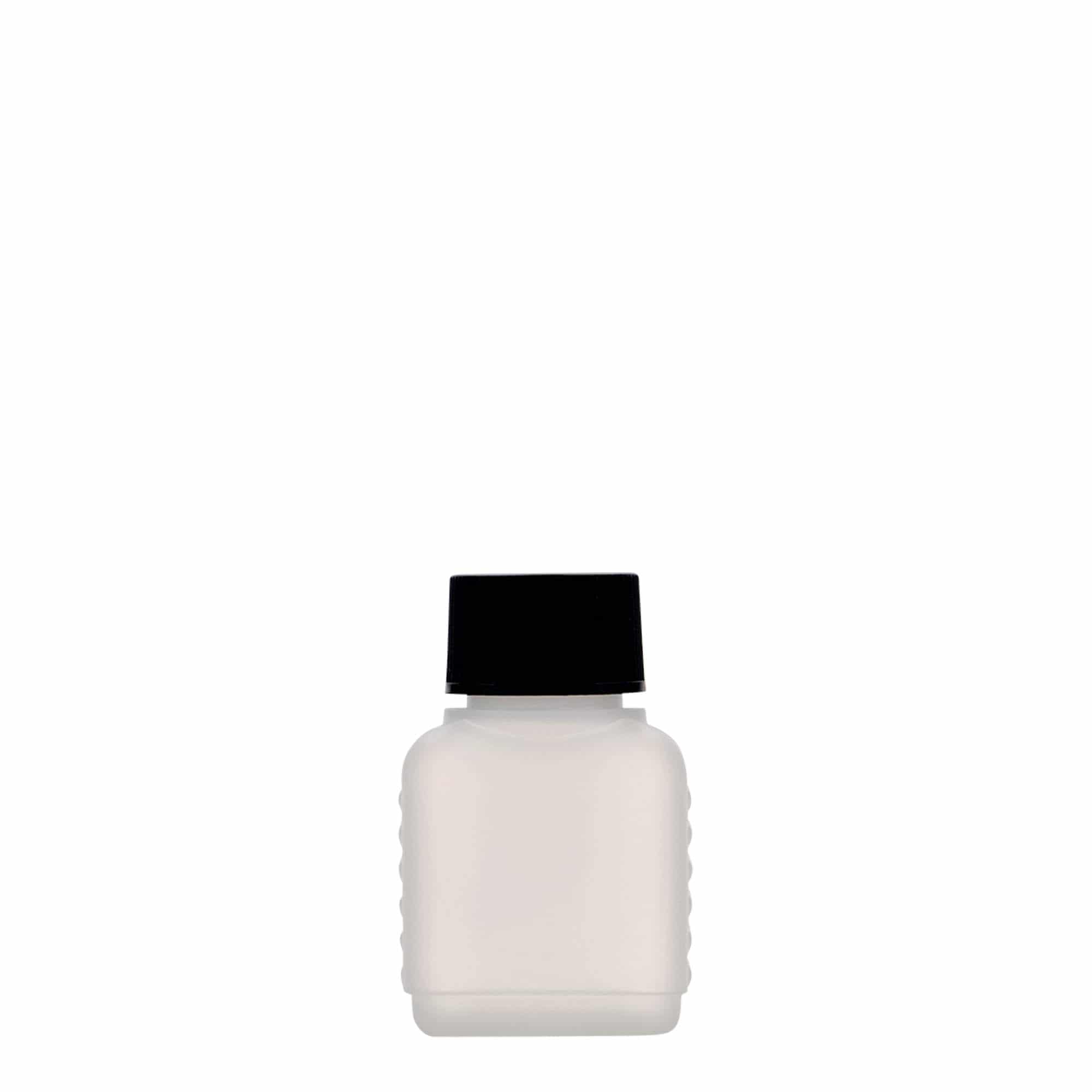 Flacone tanica da 50 ml, rettangolare, plastica HDPE, naturale, bocca: DIN 25