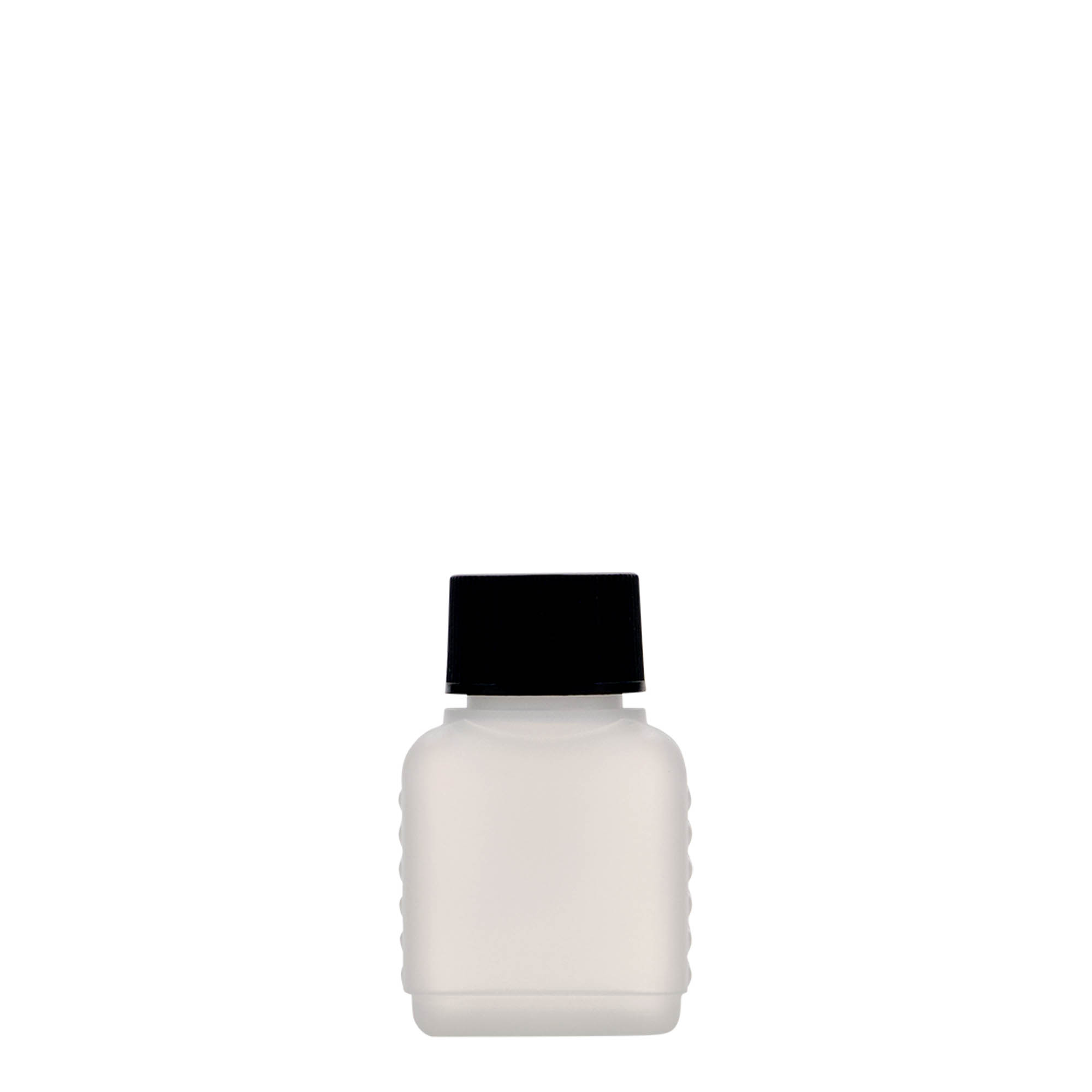 Flacone tanica da 50 ml, rettangolare, plastica HDPE, naturale, bocca: DIN 25