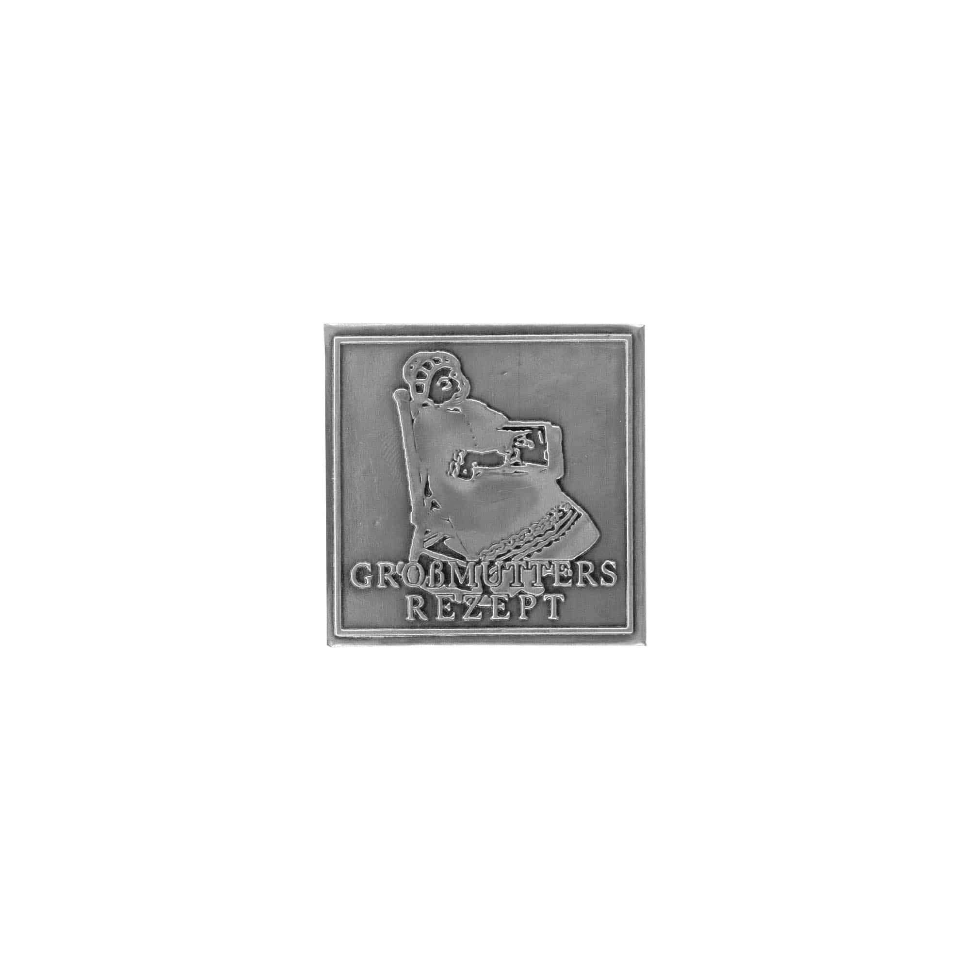 Etichetta metallica 'Ricetta della nonna', quadrata, in stagno, argento