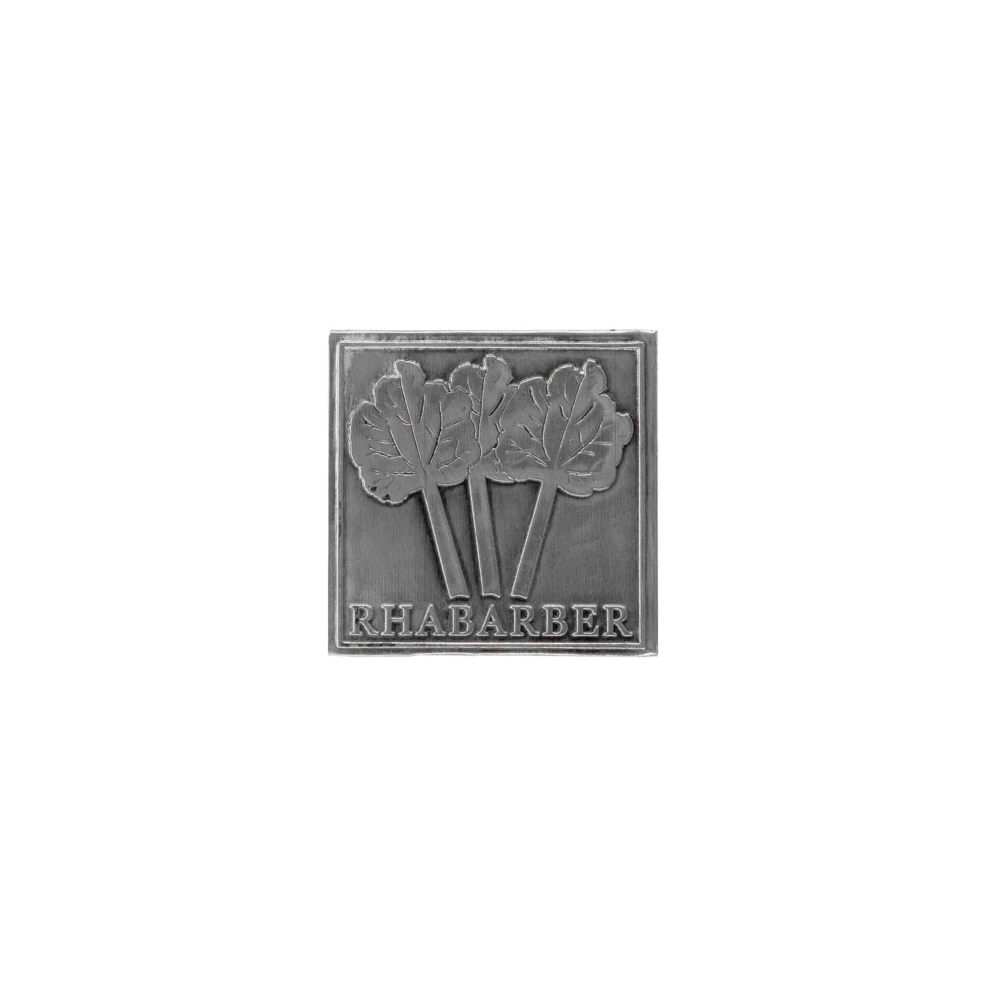 Etichetta in stagno 'Rabarbaro', quadrata, metallo, argento Etichetta in stagno 'Rabarbaro', quadrata, metallo, argento