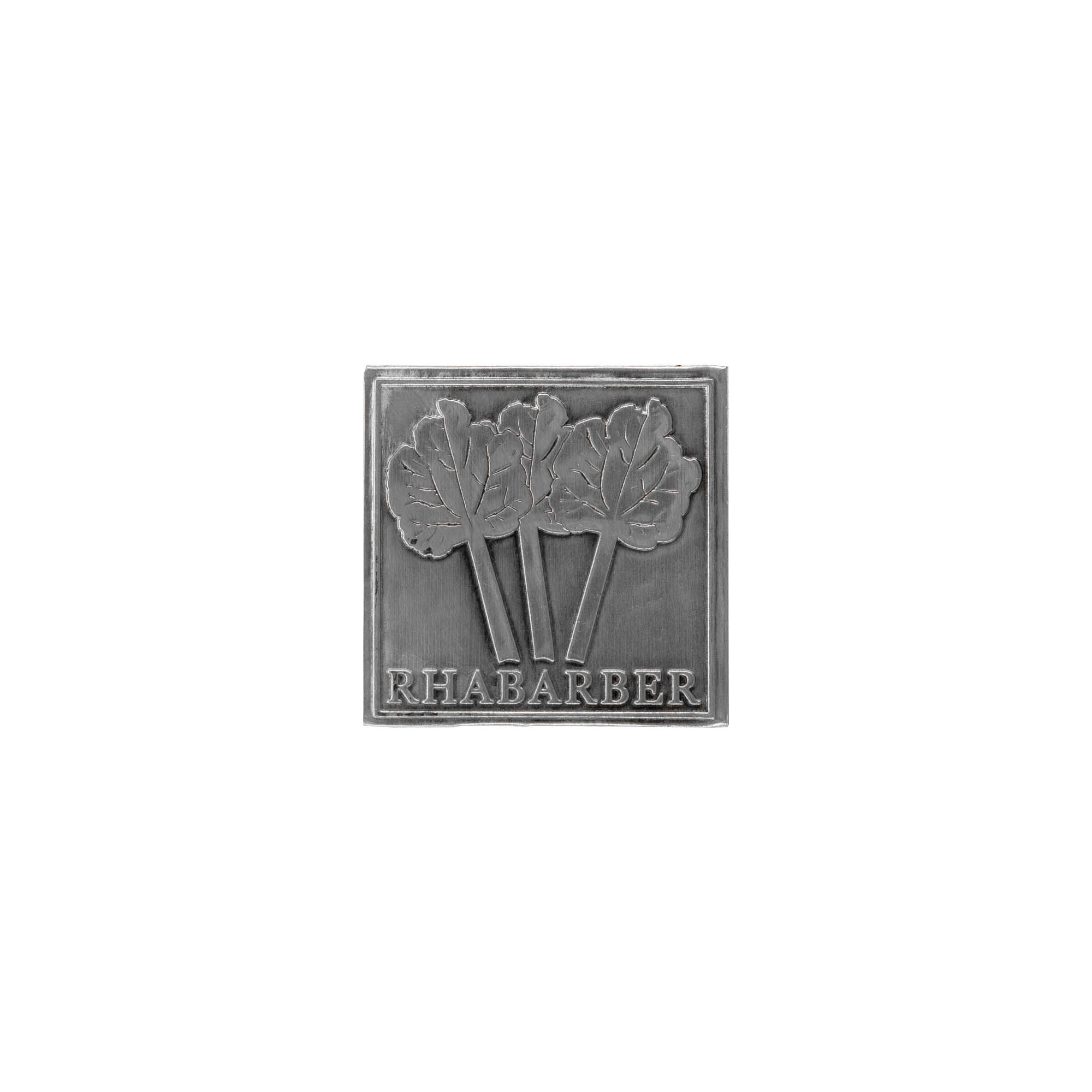 Etichetta in stagno 'Rabarbaro', quadrata, metallo, argento Etichetta in stagno 'Rabarbaro', quadrata, metallo, argento