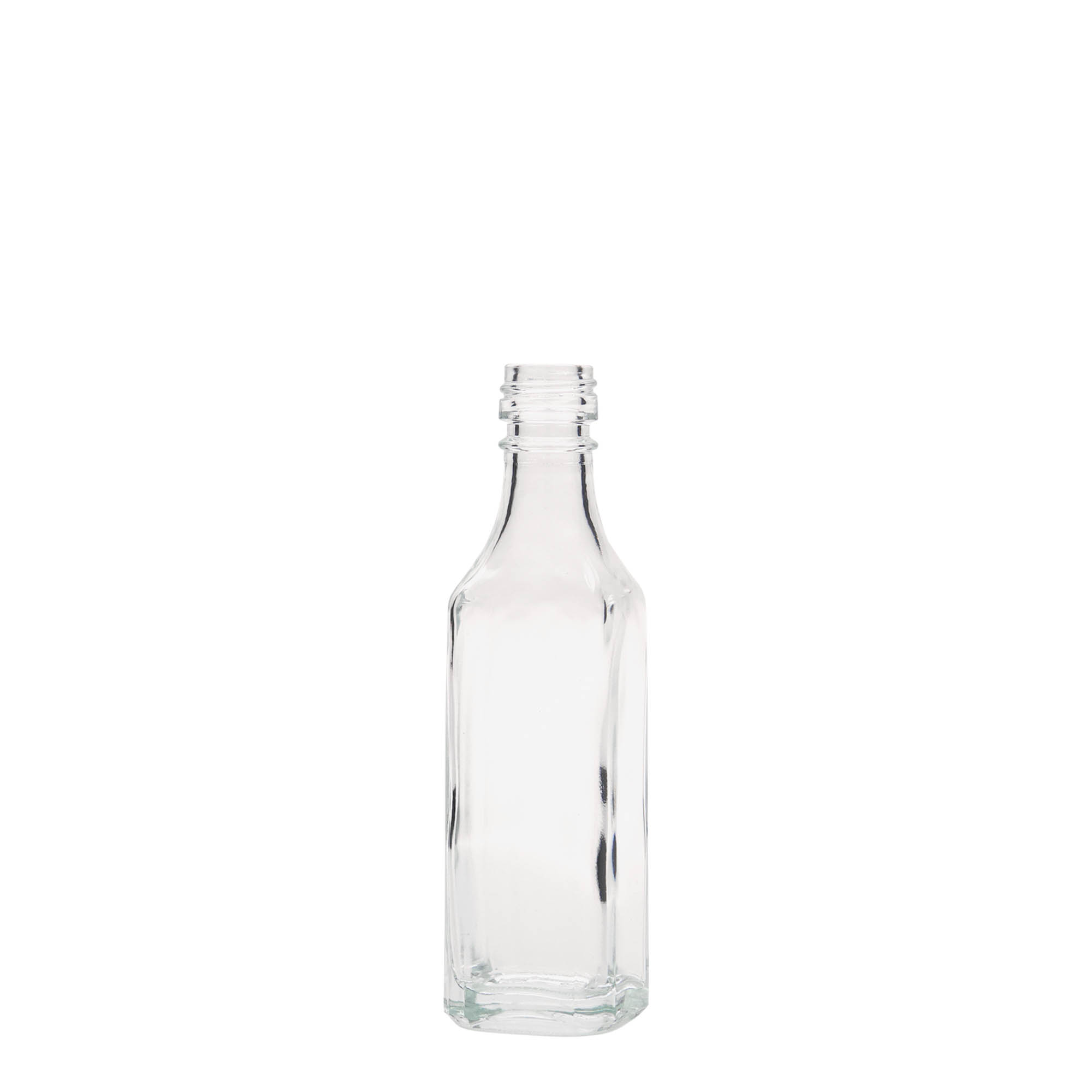 Bottiglia di vetro da 50 ml 'Siena', quadrata, bocca: PP 18 Bottiglia di vetro da 50 ml 'Siena', quadrata, bocca: PP 18