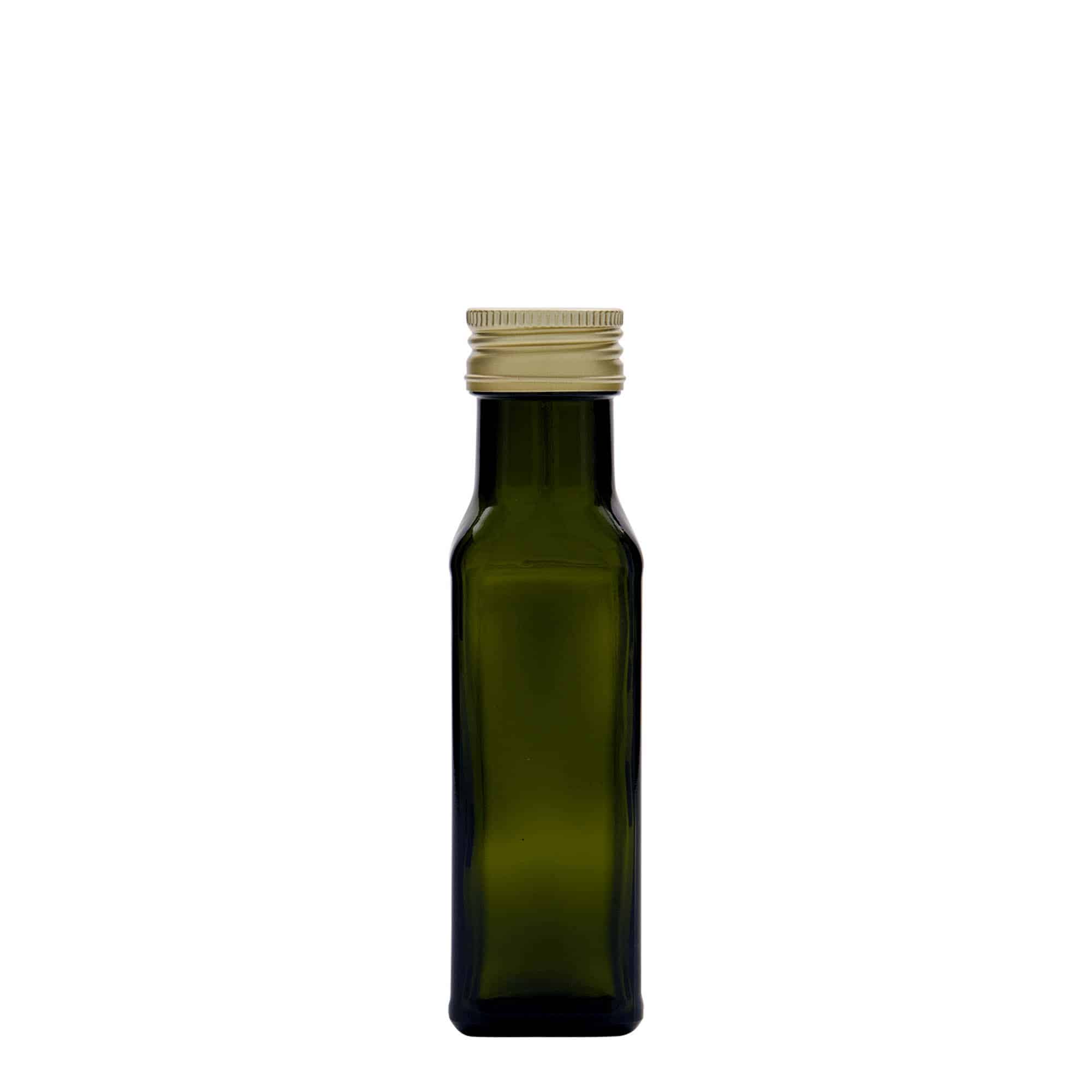 100 ml Bottiglia 'Marasca', vetro, quadrata, verde antico, imboccatura: PP 31,5