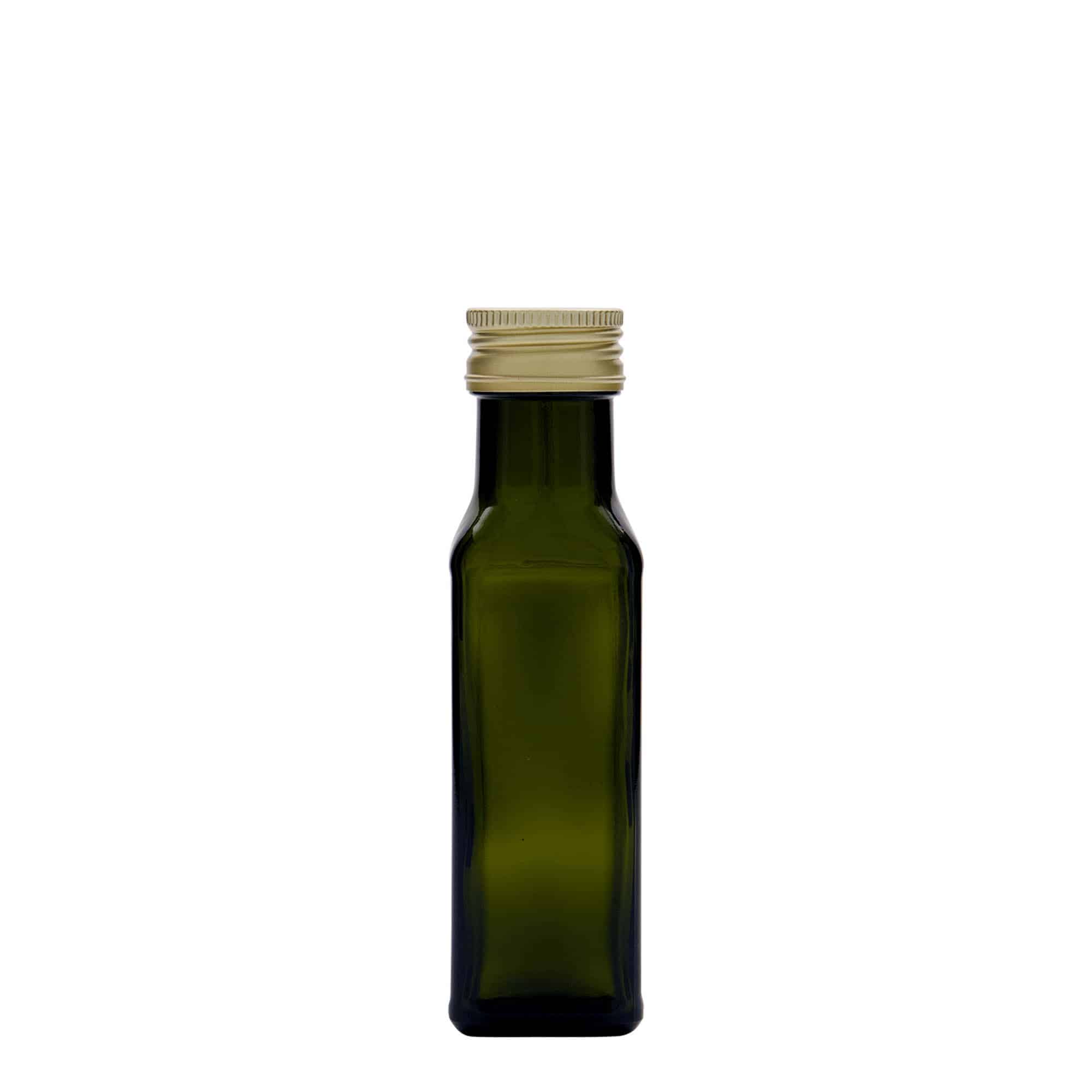 Bottiglia di vetro da 100 ml 'Marasca', quadrata, verde antico, bocca: PP 31,5