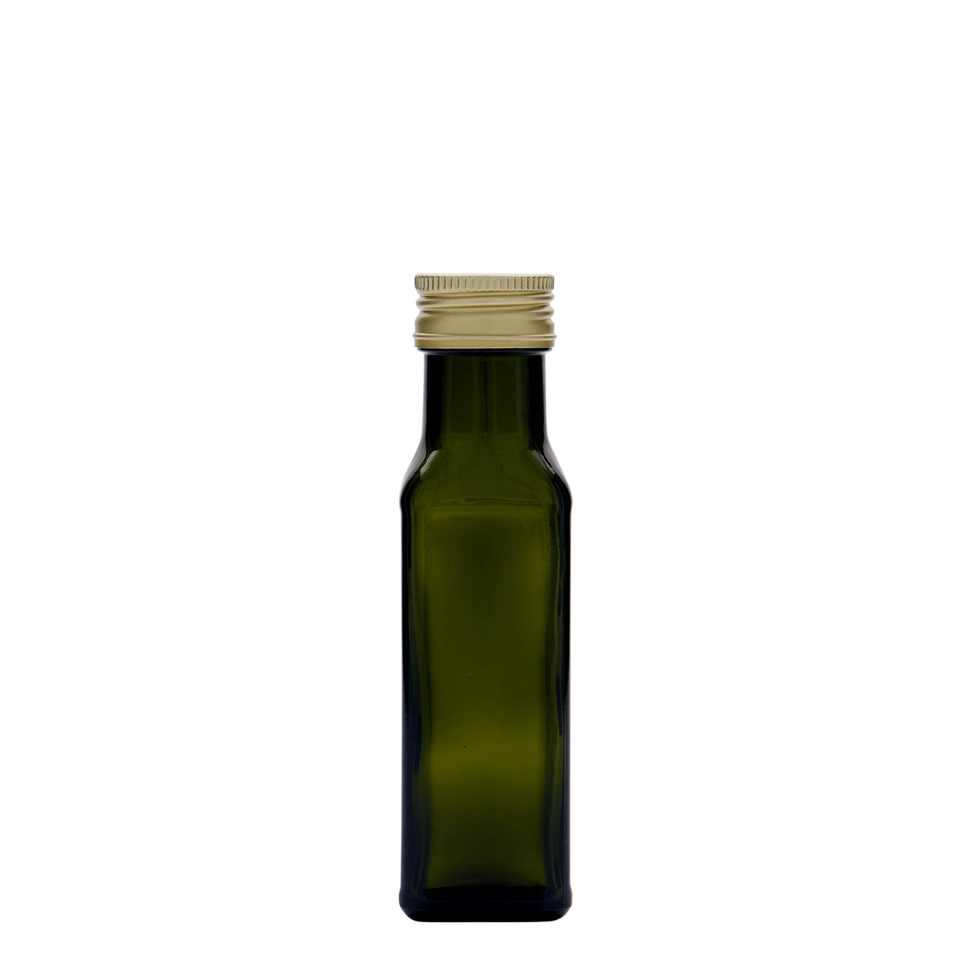Bottiglia di vetro da 100 ml 'Marasca', quadrata, verde antico, bocca: PP 31,5 Bottiglia di vetro da 100 ml 'Marasca', quadrata, verde antico, bocca: PP 31,5