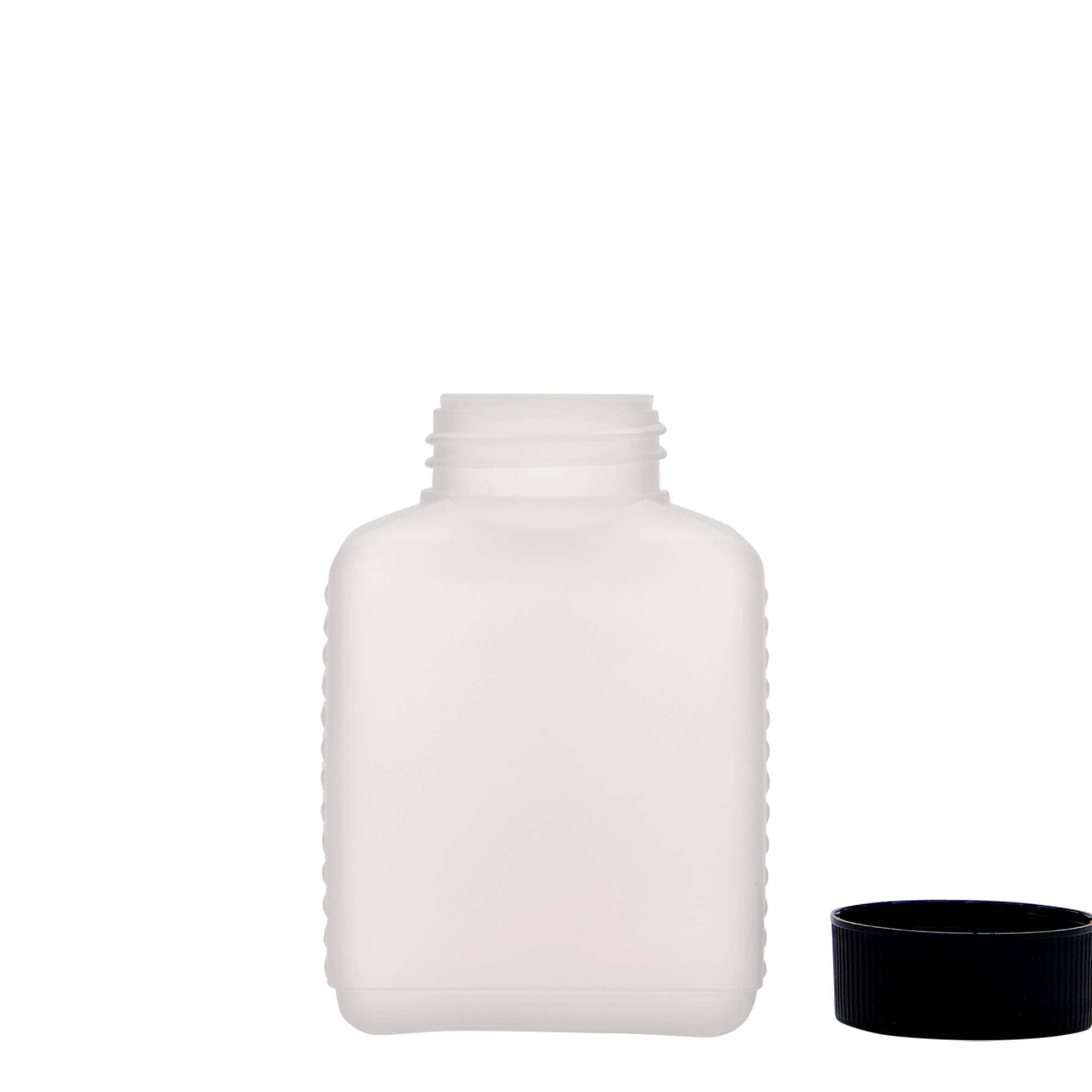 250 ml Bottiglia a bocca larga, rettangolare, plastica HDPE, naturale, imboccatura: DIN 40 EPE