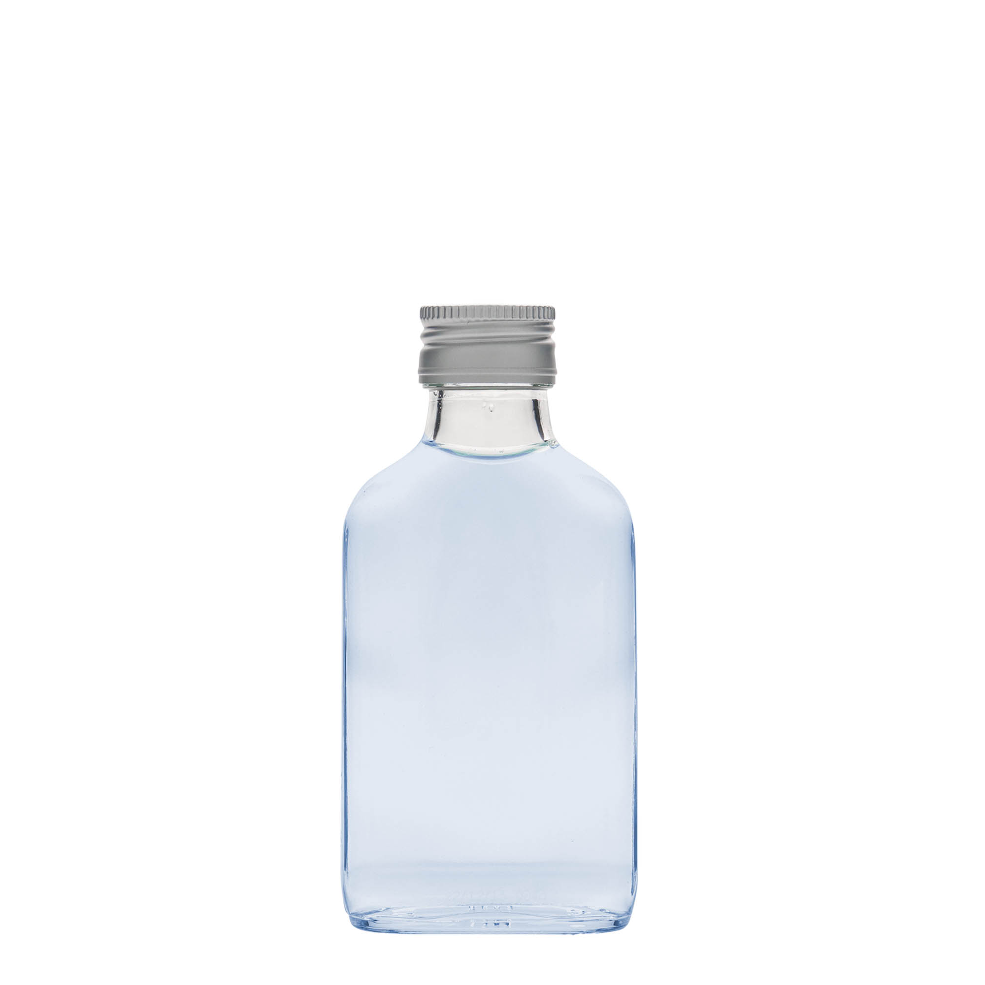 Bottiglia tascabile 100 ml, rettangolare, vetro, bocca: PP 28 Bottiglia tascabile 100 ml, rettangolare, vetro, bocca: PP 28